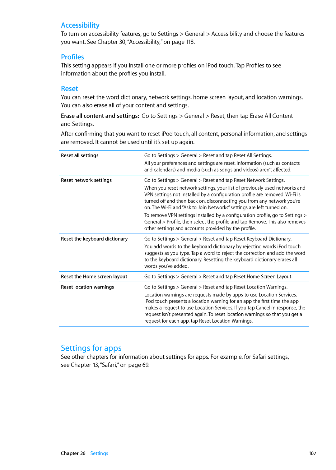 Apple MC544LL/A, ME179LL/A manual Settings for apps, Profiles, Reset 