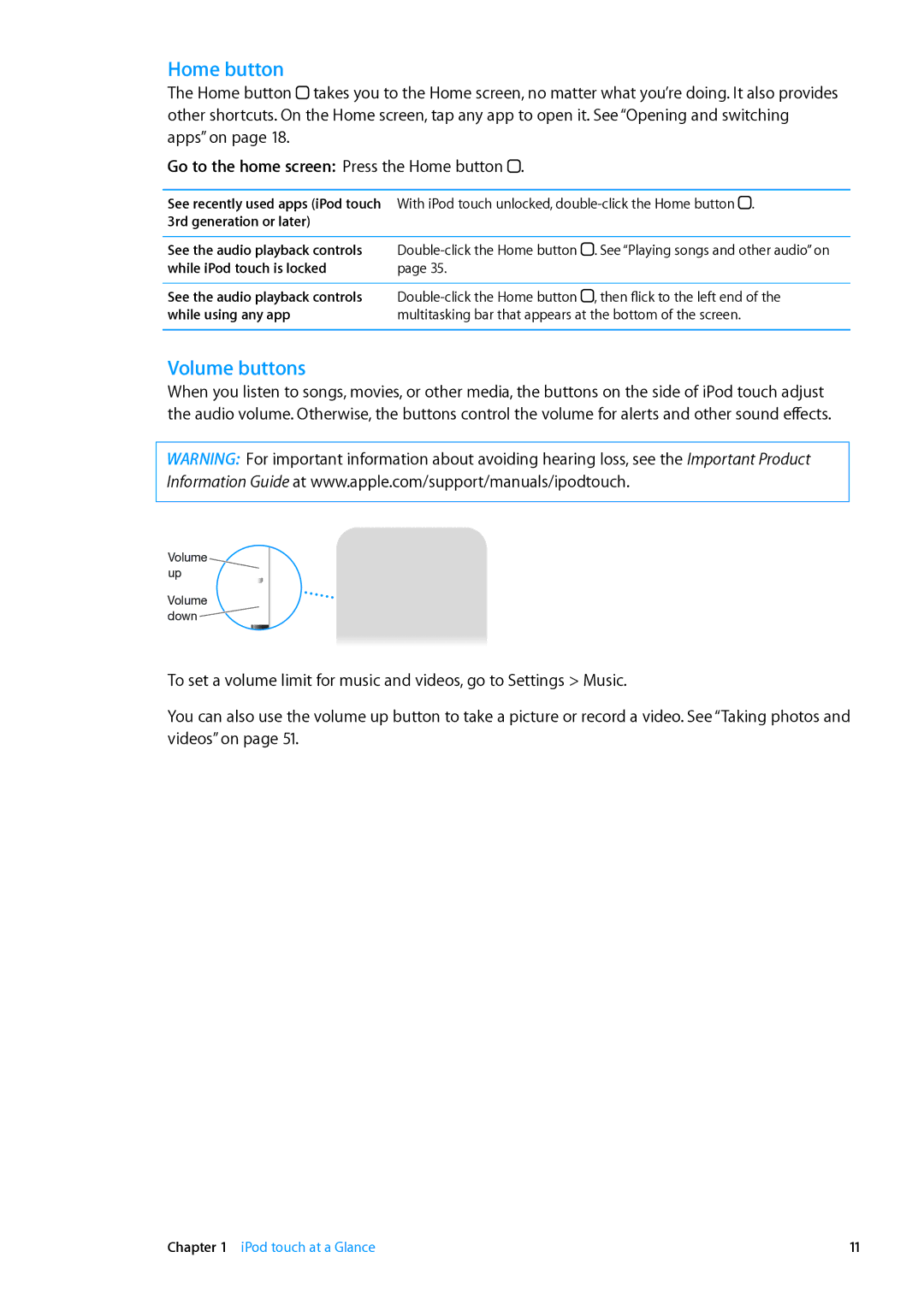 Apple MC544LL/A, ME179LL/A manual Volume buttons, Go to the home screen Press the Home button 