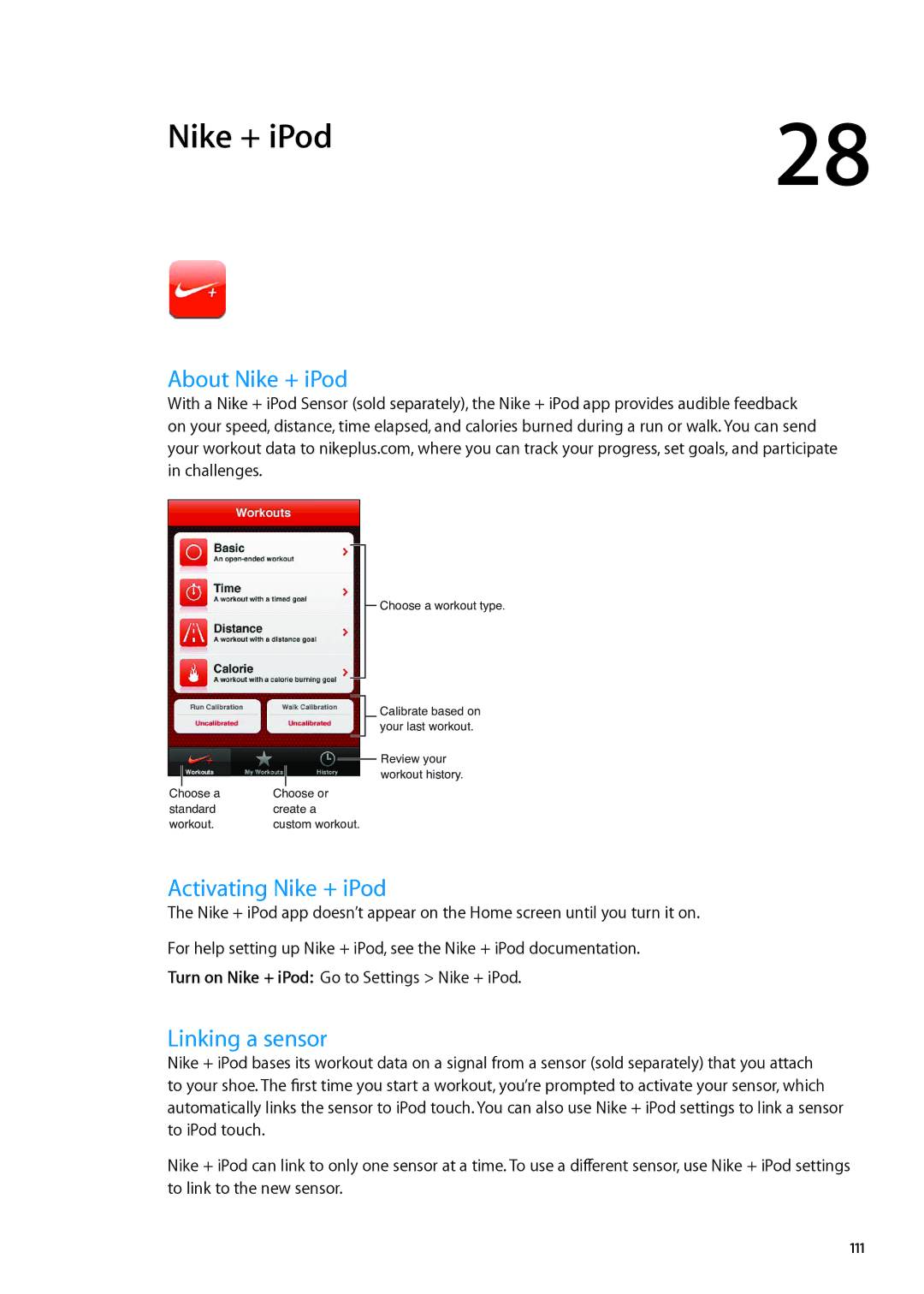Apple MC544LL/A, ME179LL/A manual About Nike + iPod, Activating Nike + iPod, Linking a sensor, 111 