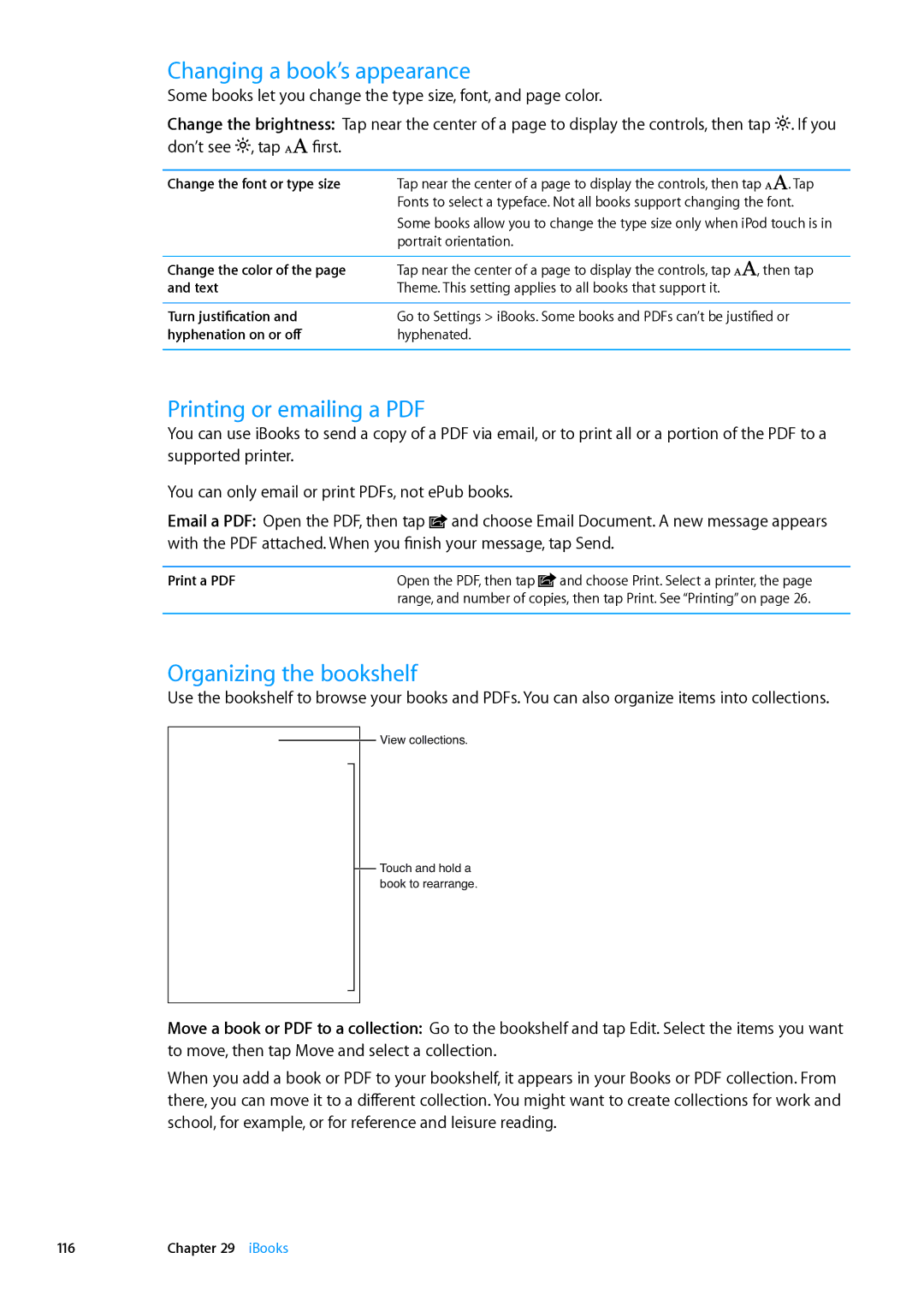 Apple ME179LL/A, MC544LL/A manual Changing a book’s appearance, Organizing the bookshelf 