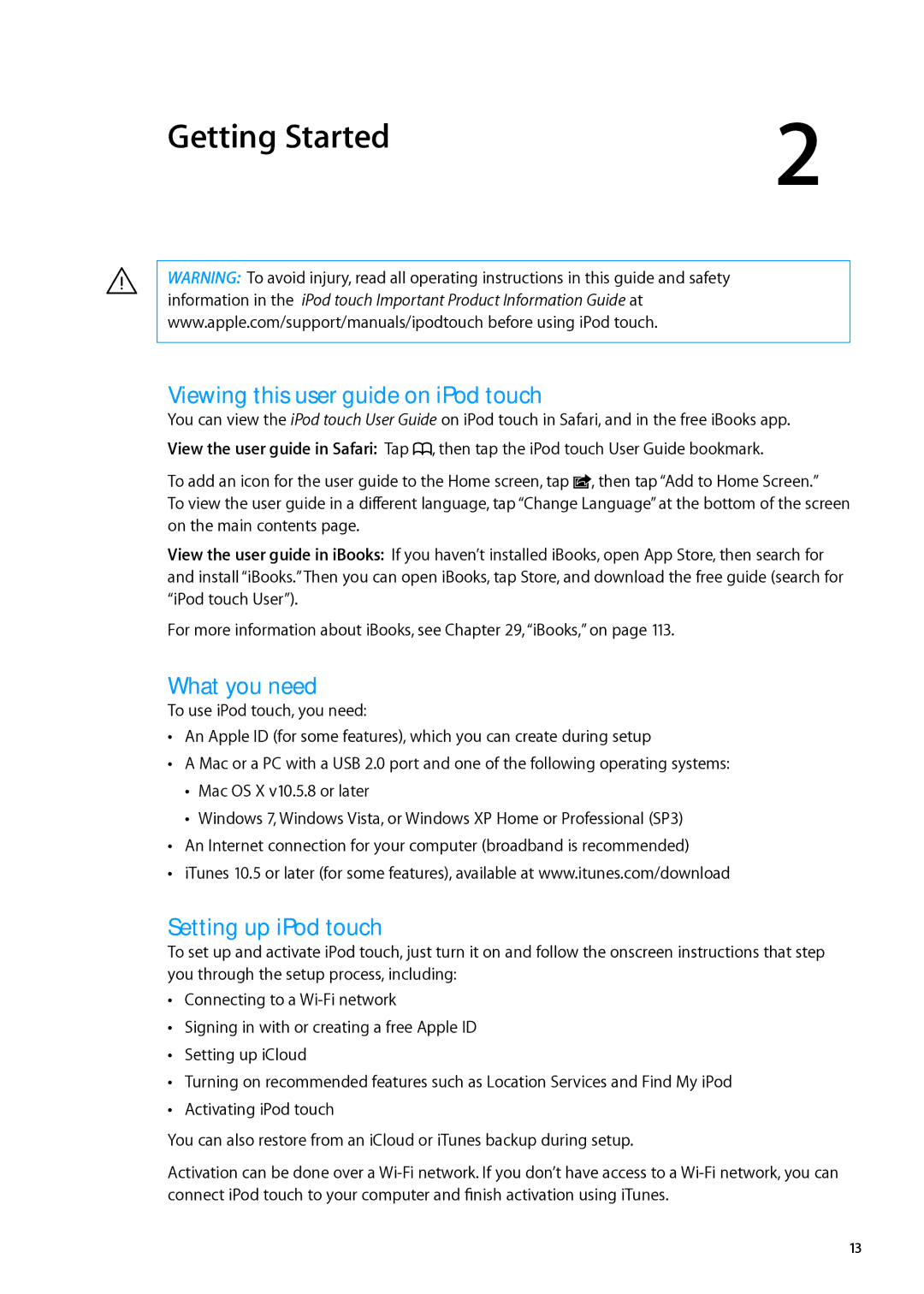 Apple MC544LL/A, ME179LL/A Getting Started, Viewing this user guide on iPod touch, What you need, Setting up iPod touch 