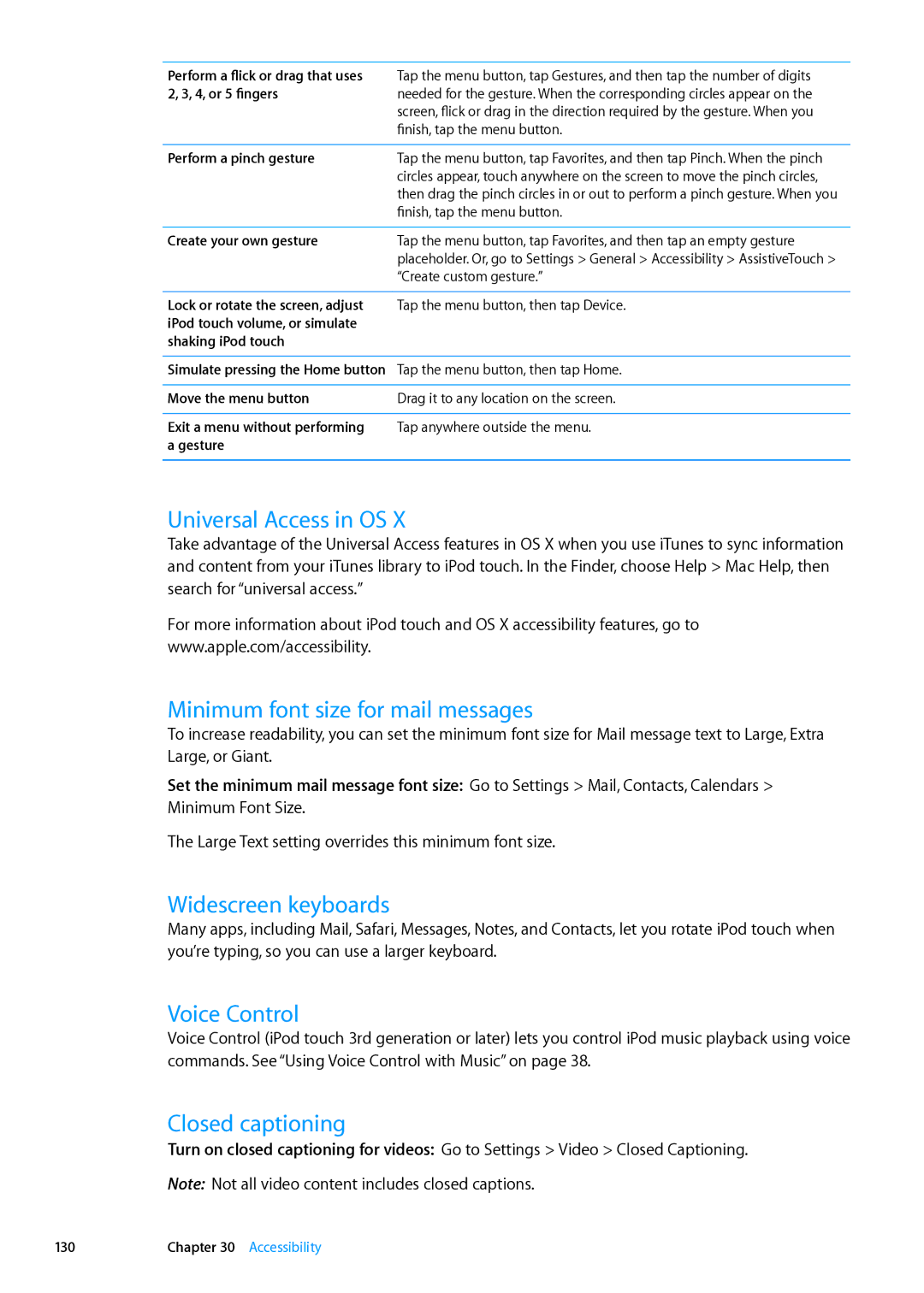 Apple ME179LL/A manual Universal Access in OS, Minimum font size for mail messages, Widescreen keyboards, Closed captioning 