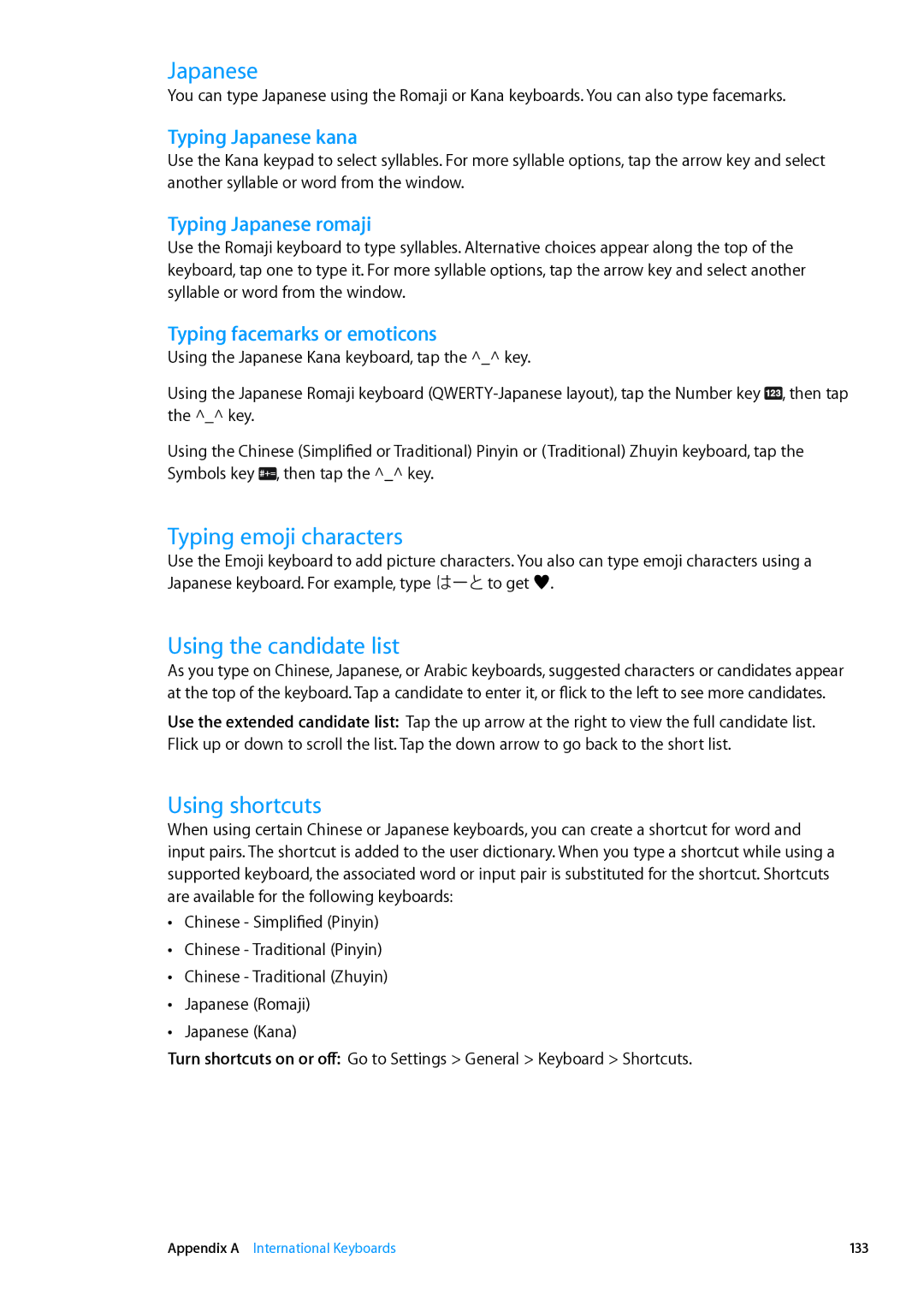 Apple MC544LL/A, ME179LL/A manual Japanese, Typing emoji characters, Using the candidate list, Using shortcuts 