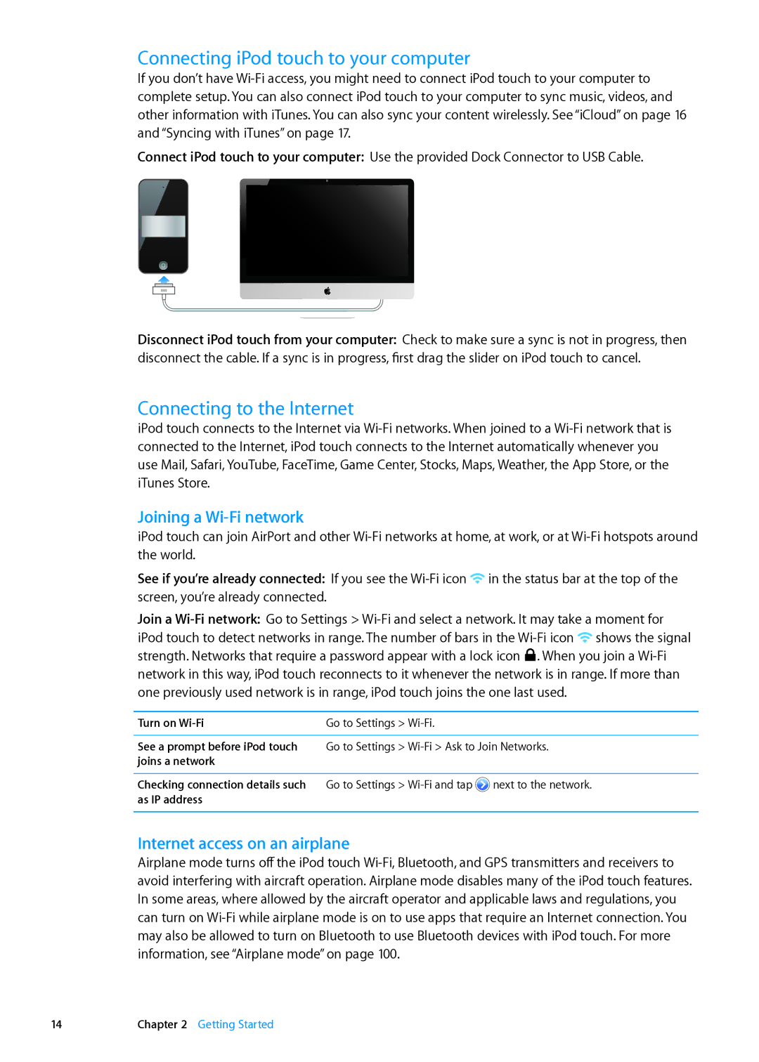 Apple ME179LL/A Connecting iPod touch to your computer, Connecting to the Internet, Joining a Wi-Fi network, Turn on Wi-Fi 