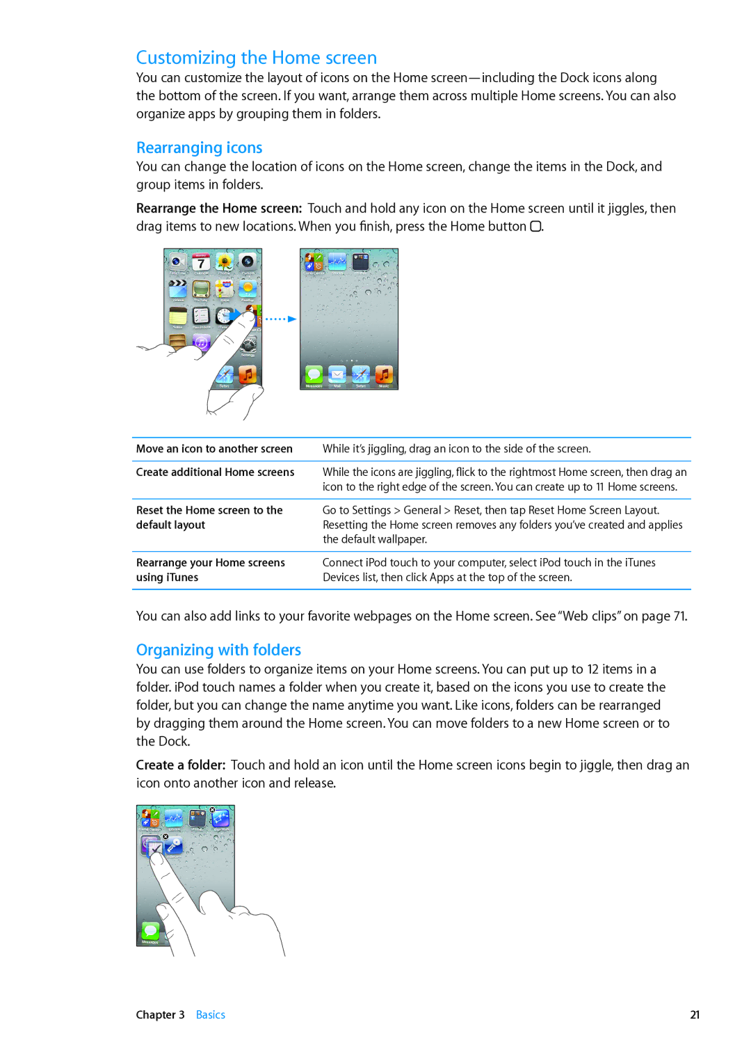Apple MC544LL/A, ME179LL/A manual Customizing the Home screen, Rearranging icons, Organizing with folders 