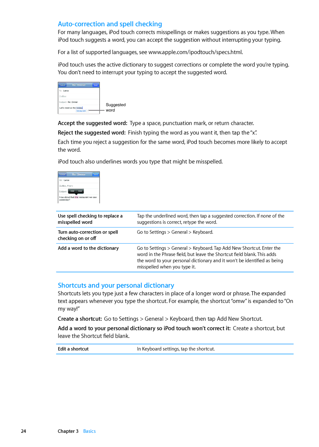 Apple ME179LL/A, MC544LL/A manual Auto-correction and spell checking, Shortcuts and your personal dictionary 