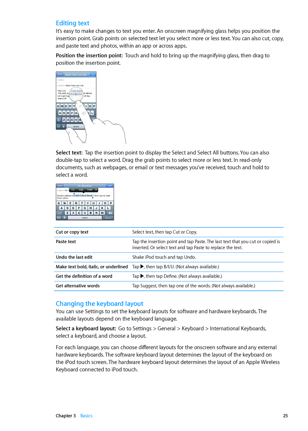 Apple MC544LL/A, ME179LL/A manual Editing text, Changing the keyboard layout 