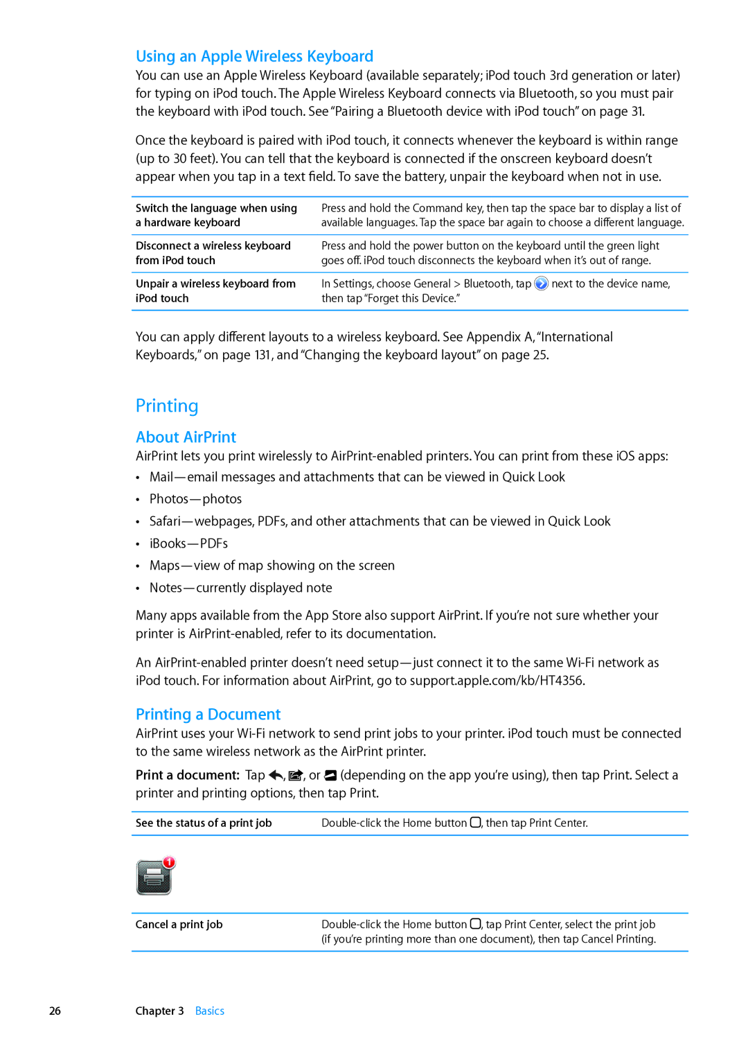 Apple ME179LL/A, MC544LL/A manual Using an Apple Wireless Keyboard, About AirPrint, Printing a Document 