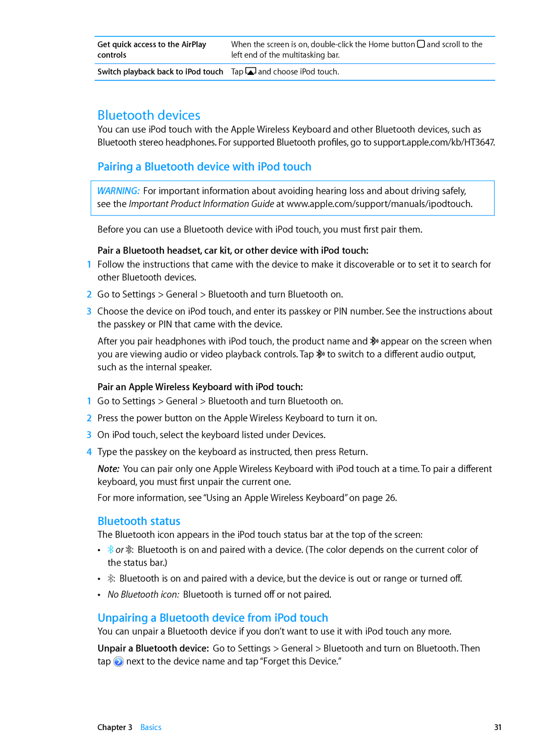 Apple MC544LL/A, ME179LL/A manual Bluetooth devices, Pairing a Bluetooth device with iPod touch, Bluetooth status 
