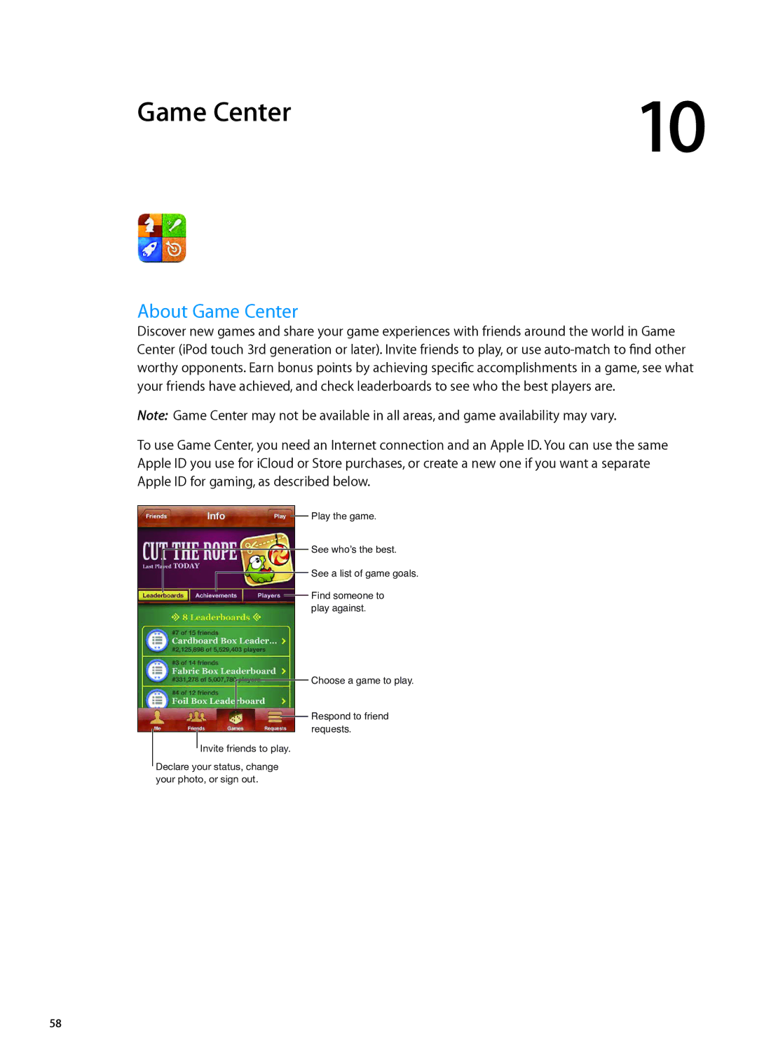 Apple ME179LL/A, MC544LL/A manual About Game Center 