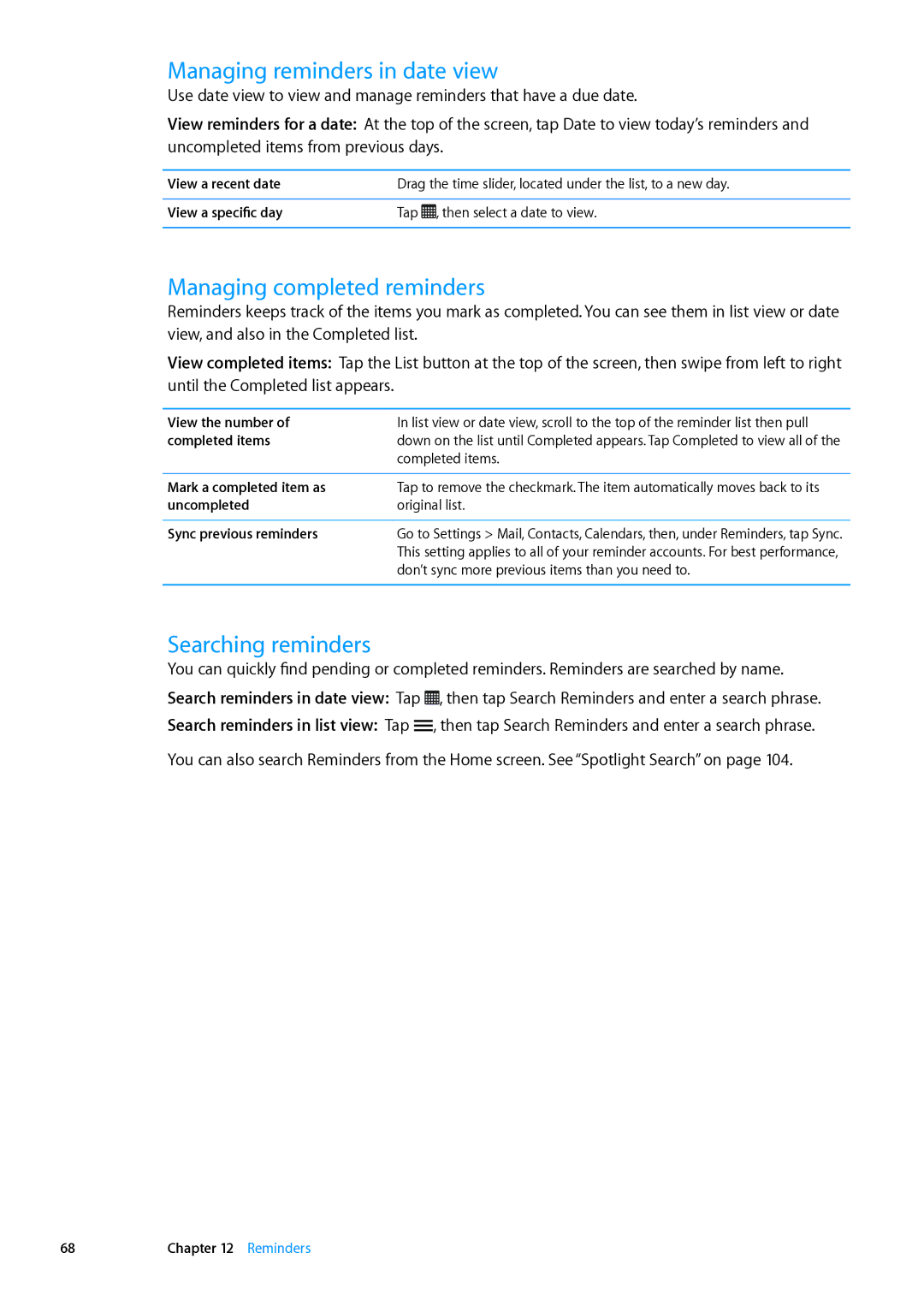 Apple ME179LL/A, MC544LL/A manual Managing reminders in date view, Managing completed reminders, Searching reminders 