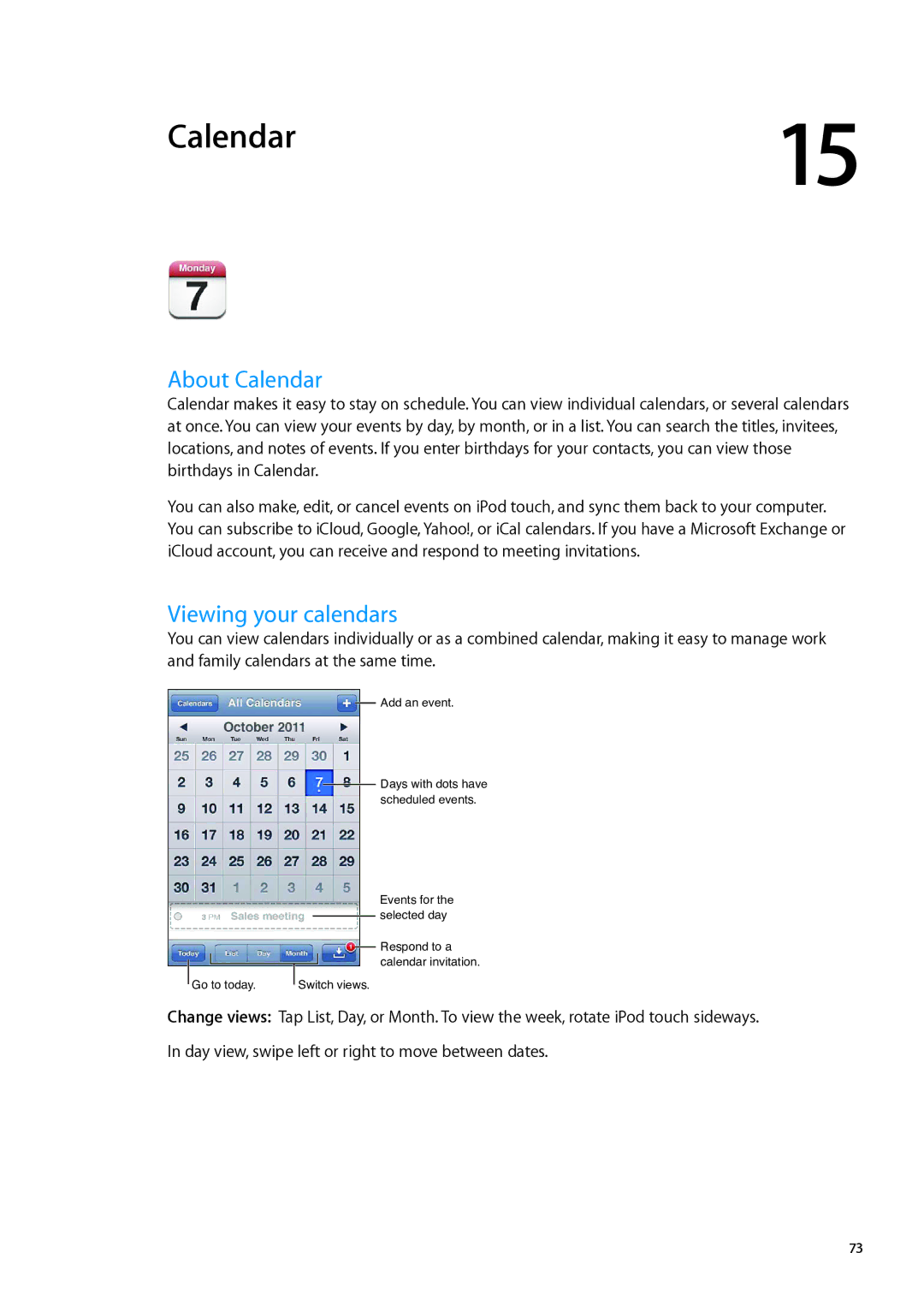 Apple MC544LL/A, ME179LL/A manual About Calendar, Viewing your calendars 