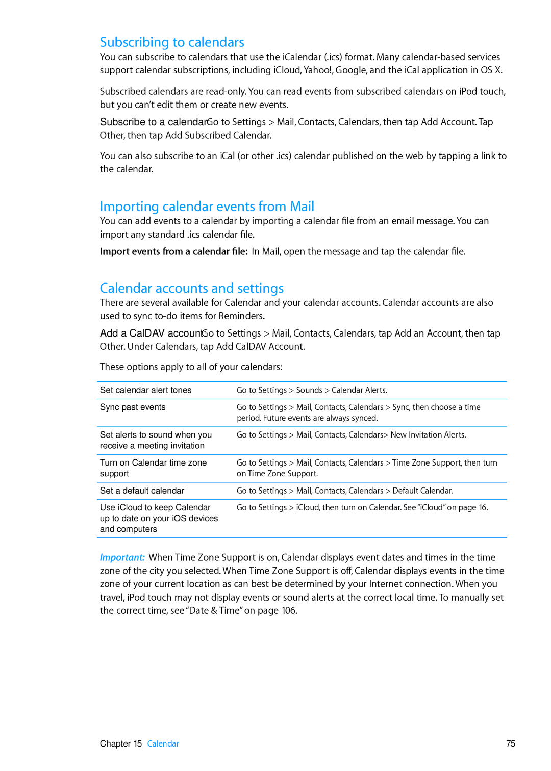 Apple MC544LL/A, ME179LL/A Subscribing to calendars, Importing calendar events from Mail, Calendar accounts and settings 