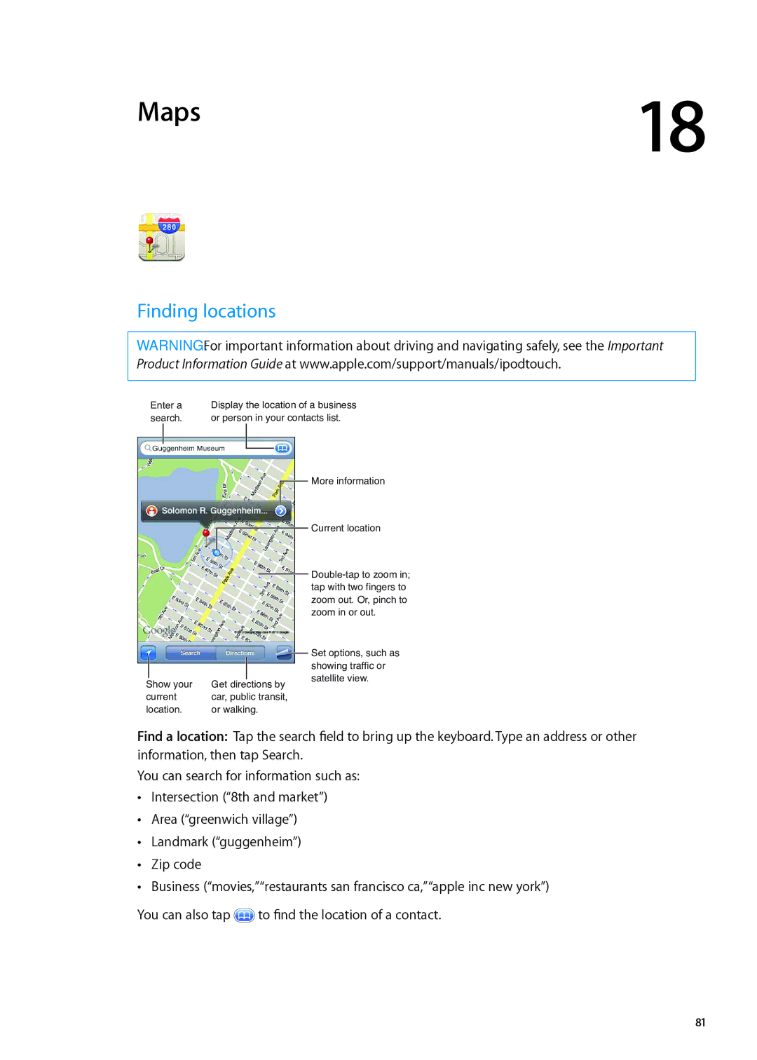 Apple MC544LL/A, ME179LL/A manual Maps, Finding locations 