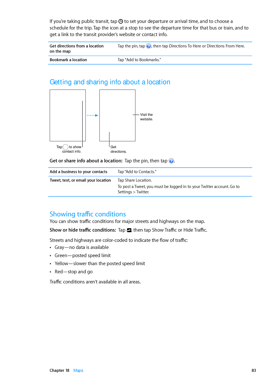 Apple MC544LL/A Getting and sharing info about a location, Showing traffic conditions, Add a business to your contacts 