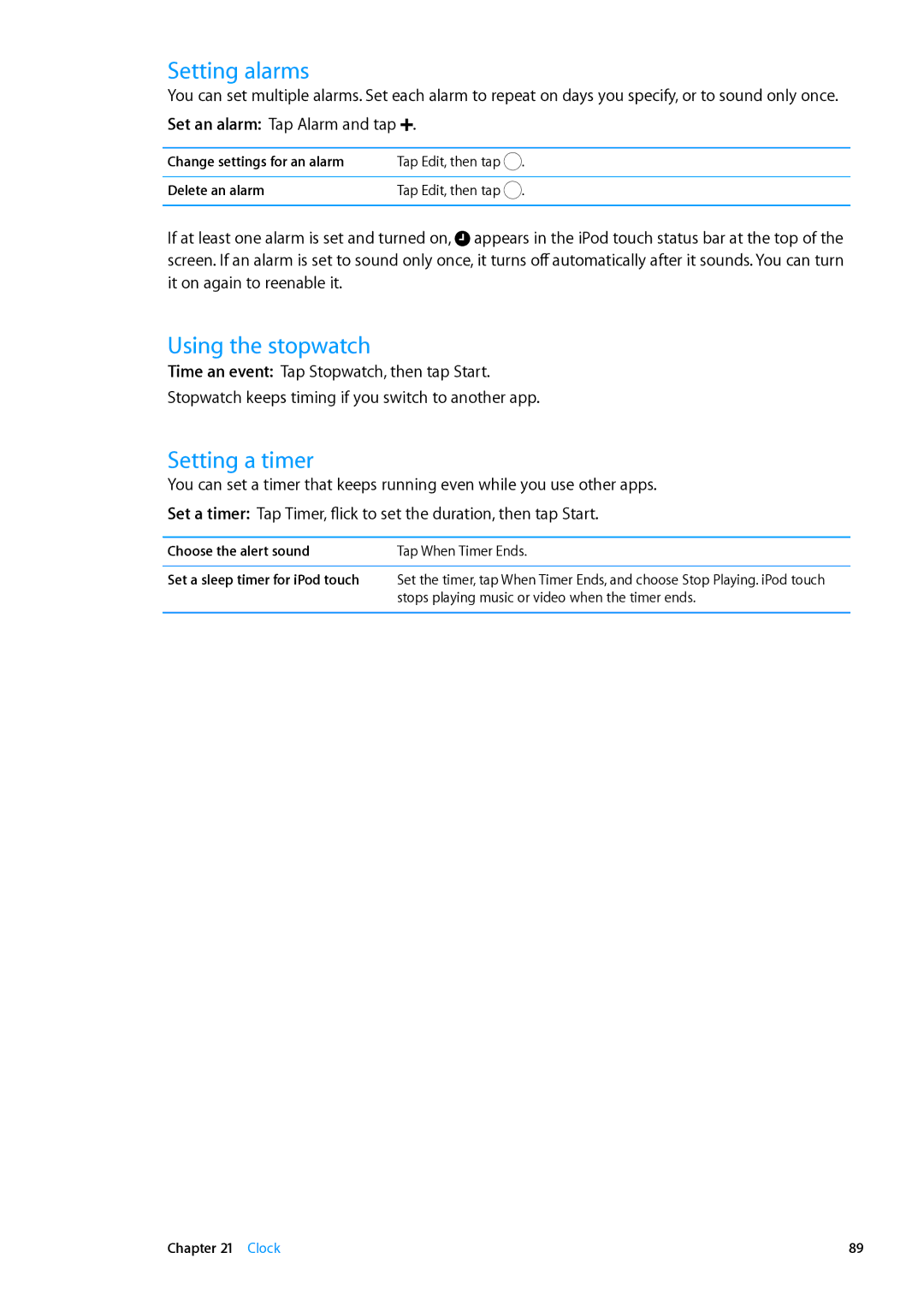 Apple MC544LL/A, ME179LL/A manual Setting alarms, Using the stopwatch, Setting a timer 