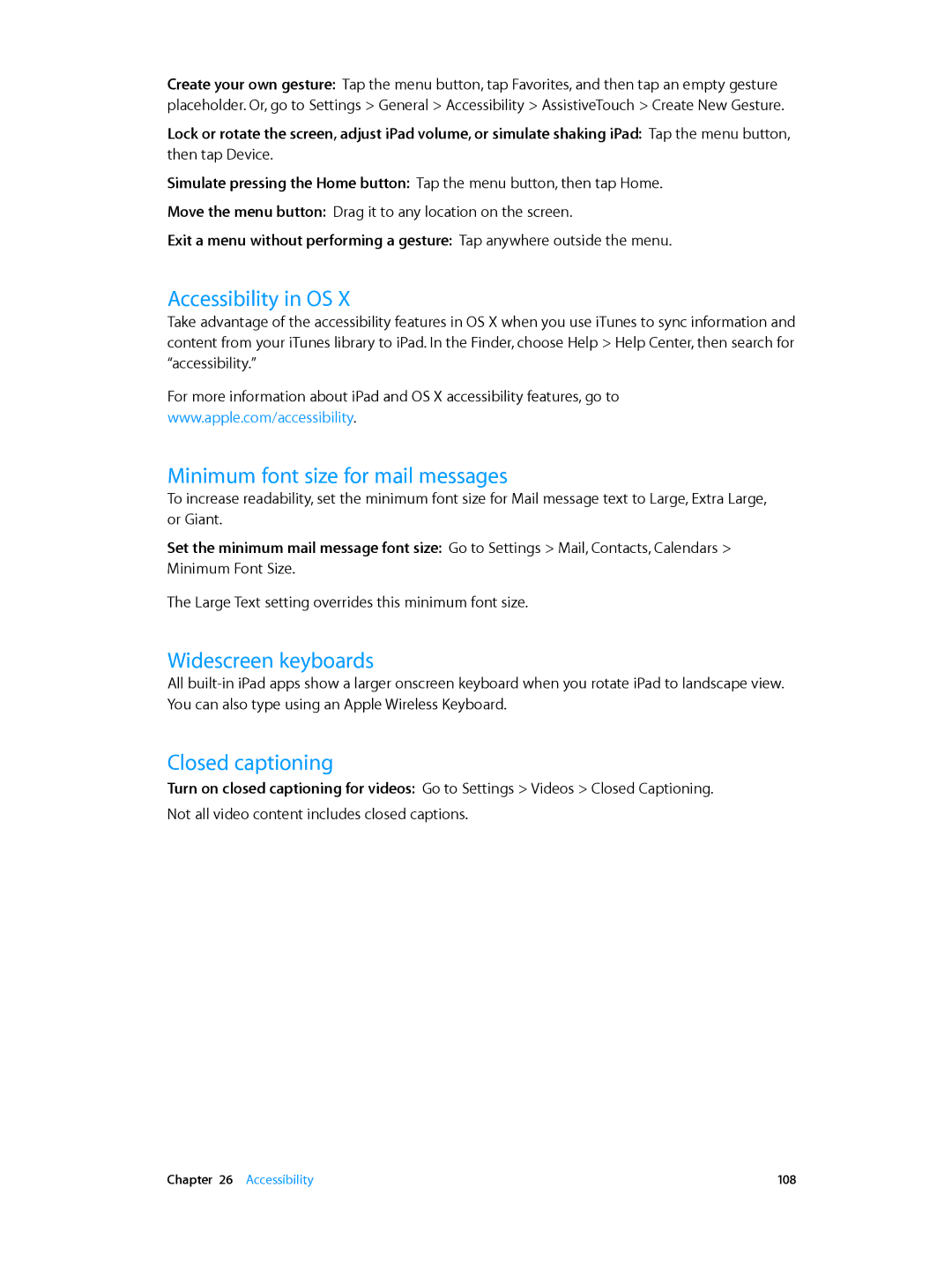 Apple MD530LL/A manual Accessibility in OS, Minimum font size for mail messages, Widescreen keyboards, Closed captioning 