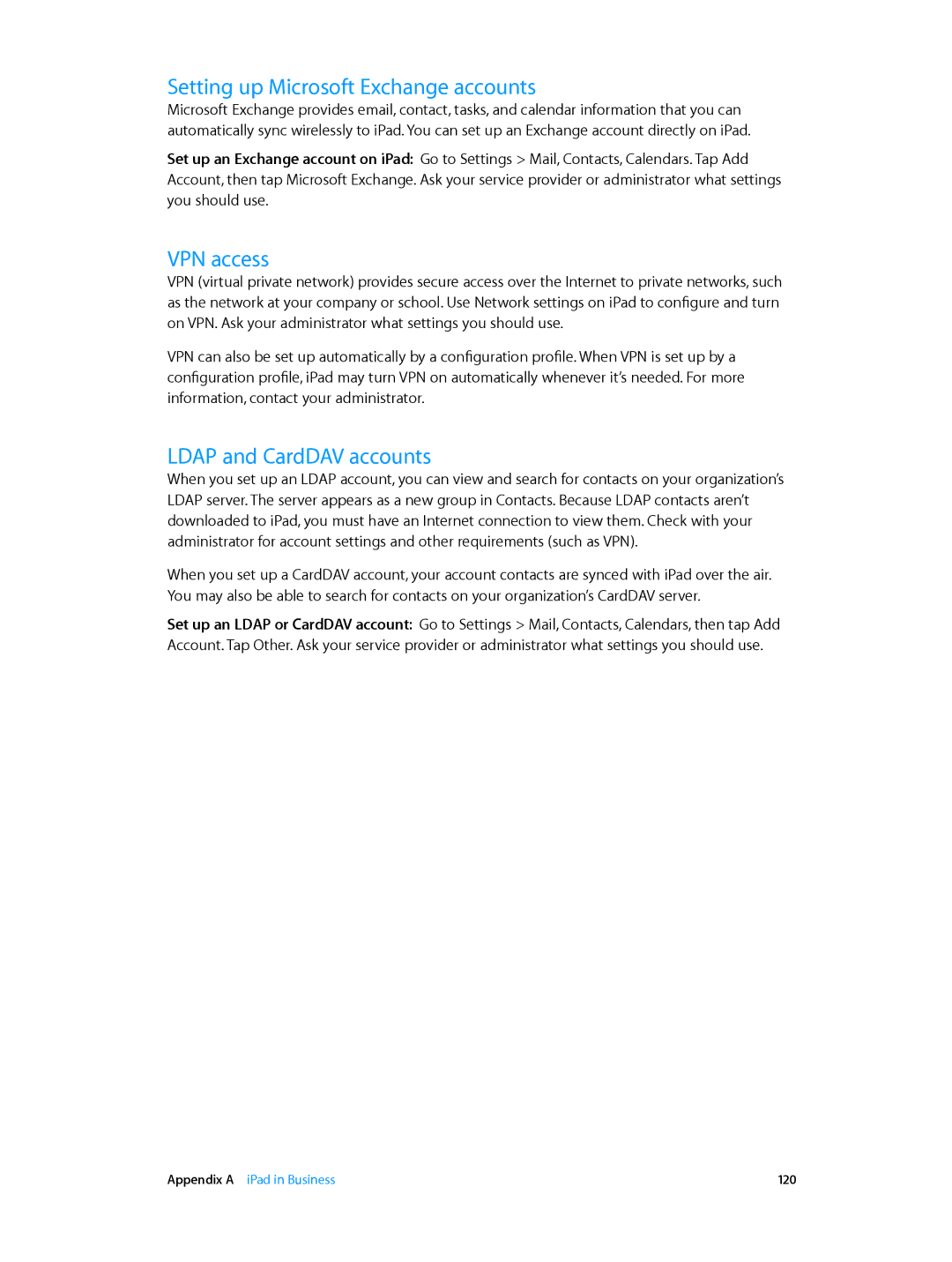 Apple ME215LL/A, ME035LL/A, ME033LL/A manual Setting up Microsoft Exchange accounts, VPN access, Ldap and CardDAV accounts 