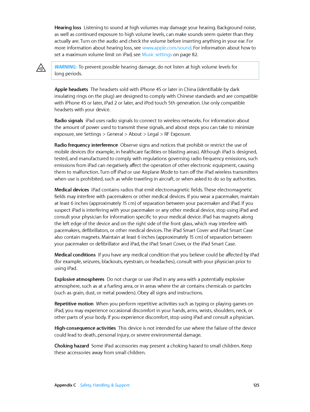 Apple MD531LL/A, ME215LL/A, ME035LL/A, ME033LL/A, MD542LL/A, MD543LL/A, MD538LL/A manual Appendix C Safety, Handling, & Support 