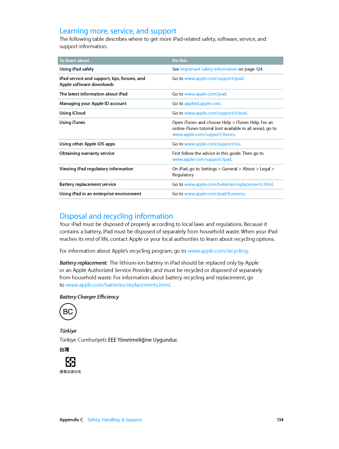 Apple MD540LL/A, ME215LL/A, ME035LL/A, ME033LL/A Learning more, service, and support, Disposal and recycling information 