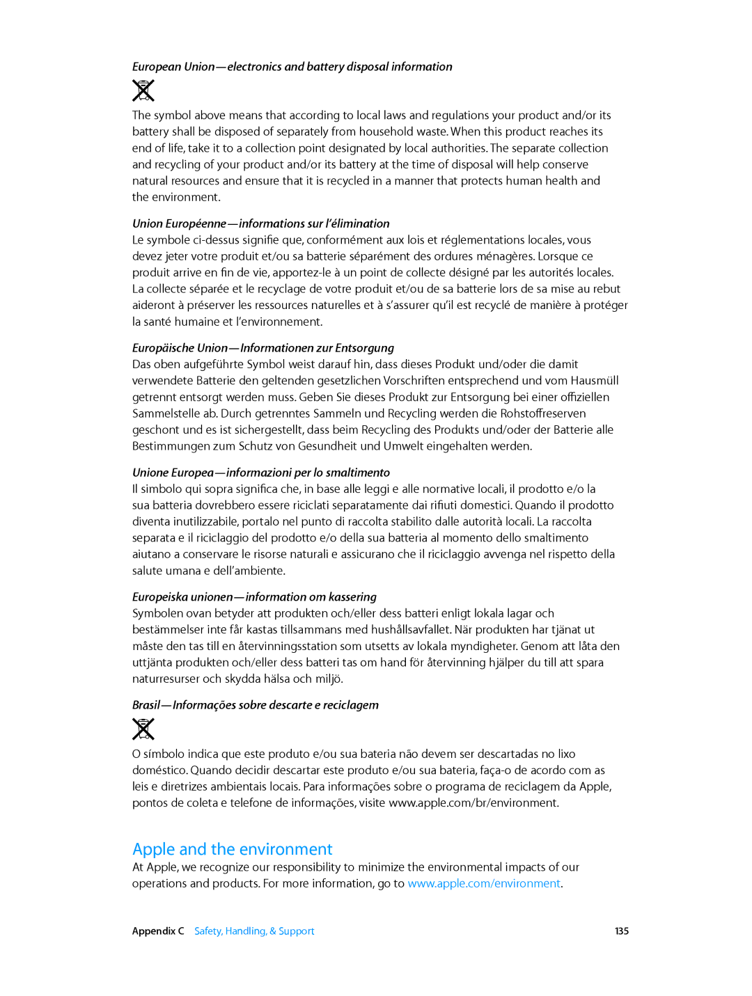 Apple MD532LL/A, ME215LL/A, MD530C/A Apple and the environment, European Union-electronics and battery disposal information 