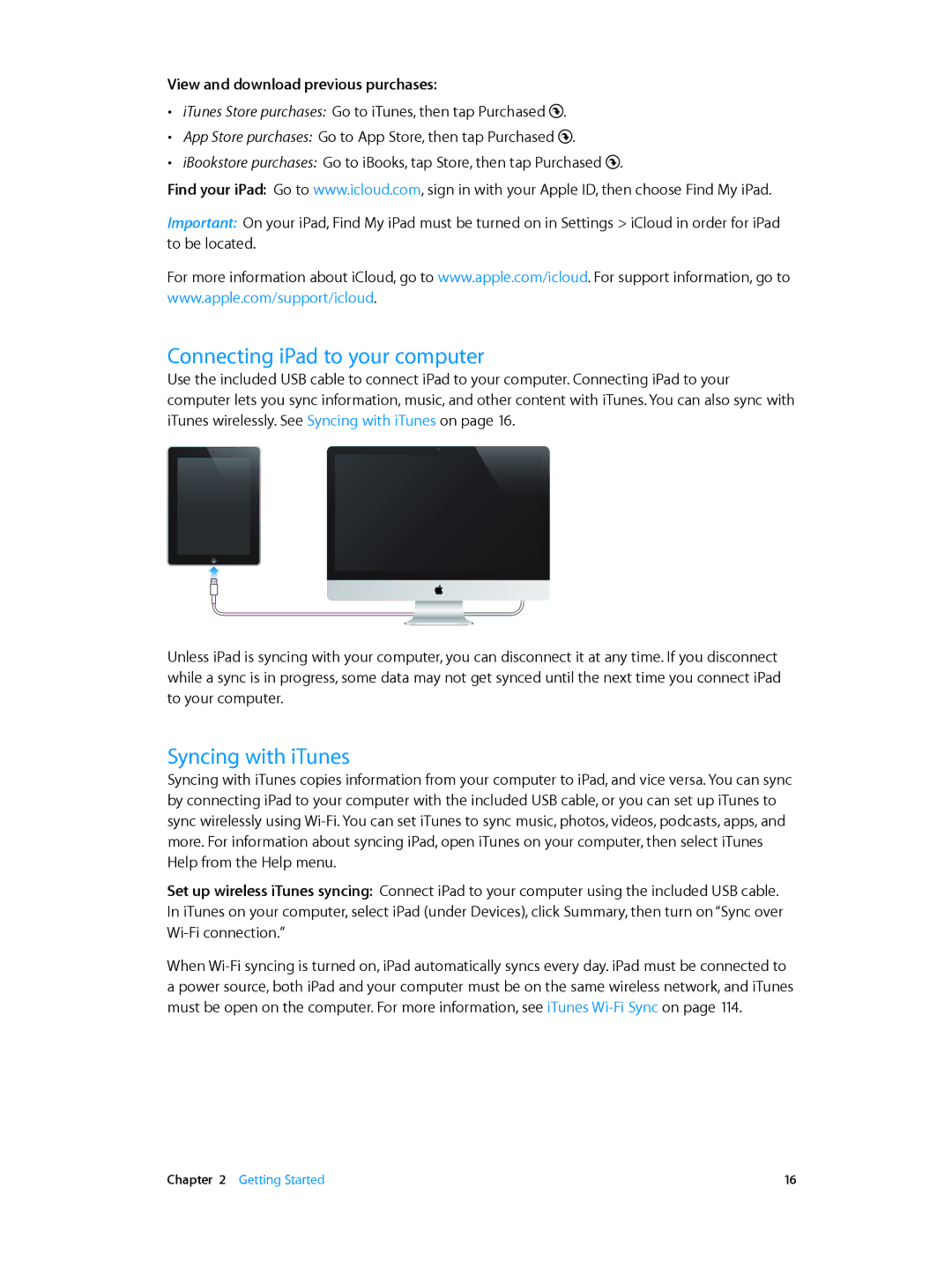 Apple MD537LL/A, ME215LL/A Connecting iPad to your computer, Syncing with iTunes, View and download previous purchases 