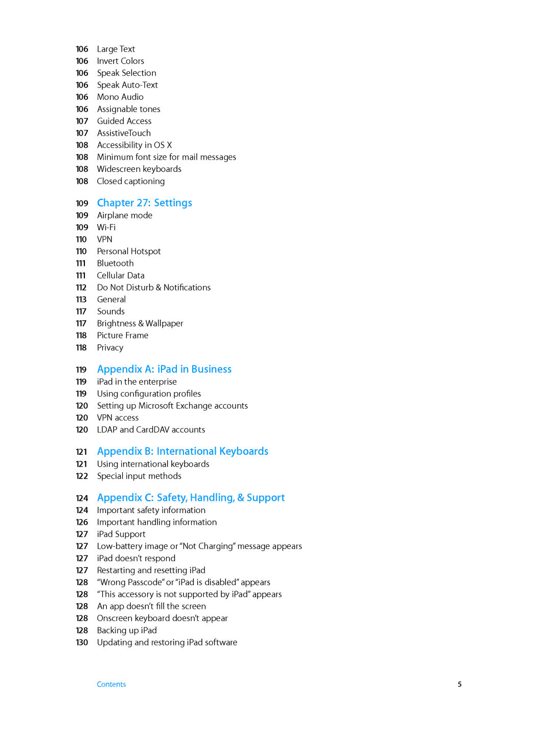 Apple MD531LL/A, ME215LL/A, ME035LL/A, ME033LL/A Settings, Appendix a iPad in Business, Appendix B International Keyboards 