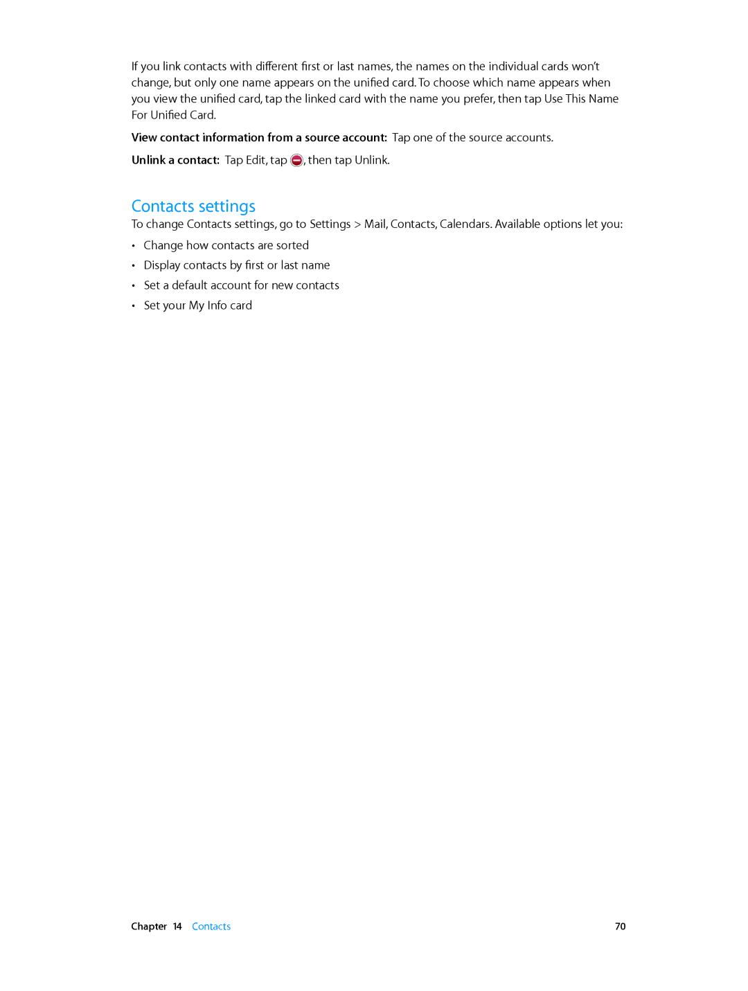 Apple ME216LL/A, ME215LL/A, ME035LL/A, ME033LL/A, MD542LL/A, MD543LL/A, MD531LL/A, MD538LL/A, MD535LL/A manual Contacts settings 