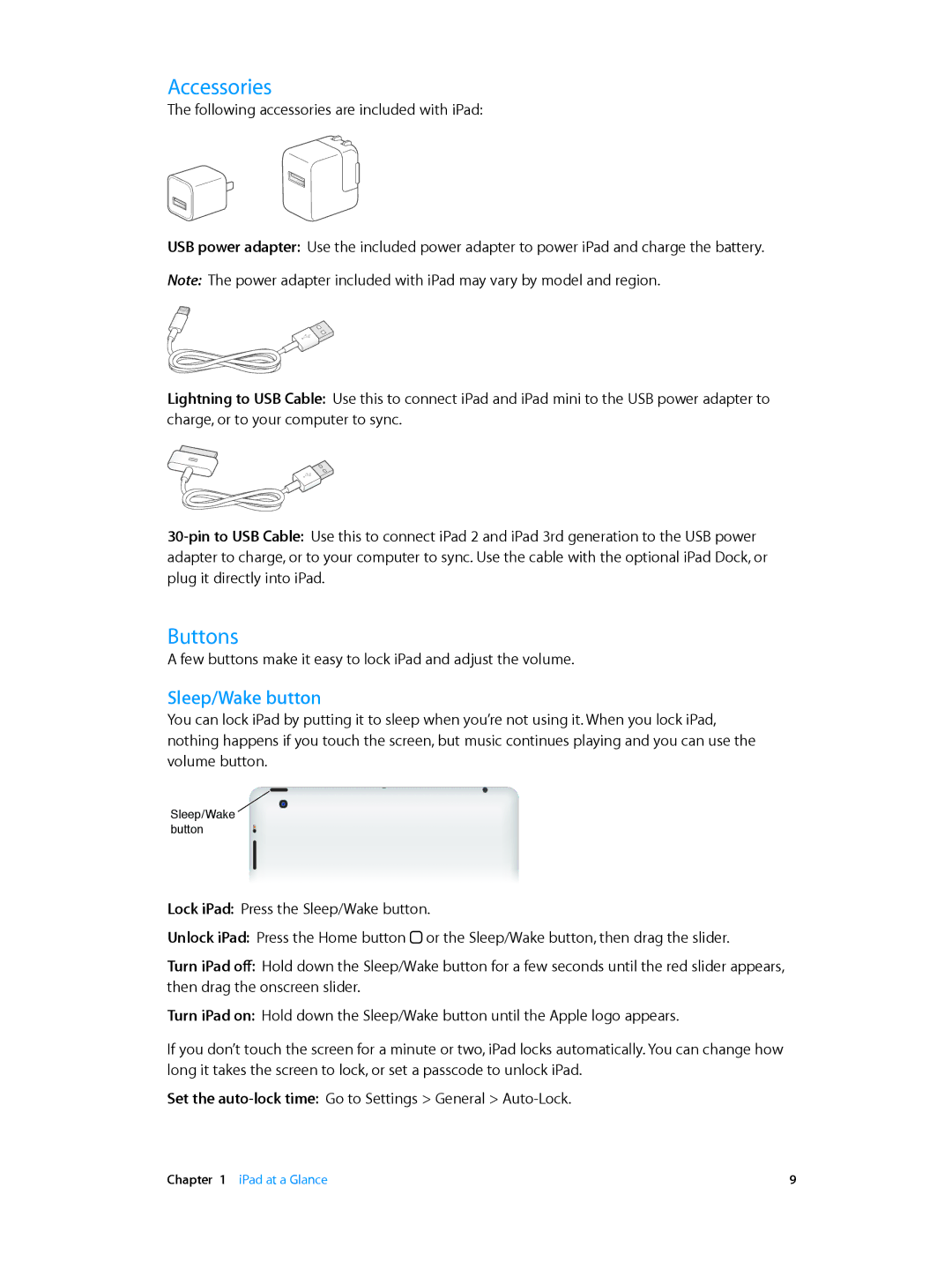 Apple MD534LL/A, ME215LL/A, ME035LL/A, ME033LL/A, MD542LL/A, MD543LL/A, MD531LL/A manual Accessories, Buttons, Sleep/Wake button 