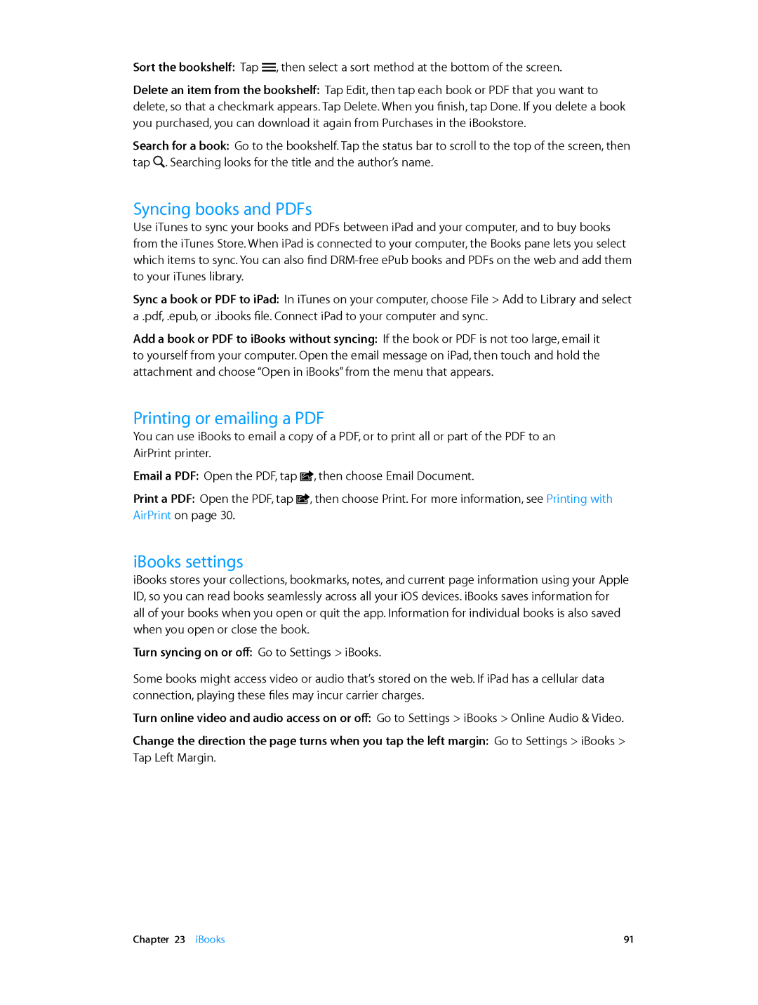 Apple MF442LL/A, ME215LL/A, ME035LL/A, ME033LL/A, MD542LL/A IBooks settings, Turn syncing on or off Go to Settings iBooks 