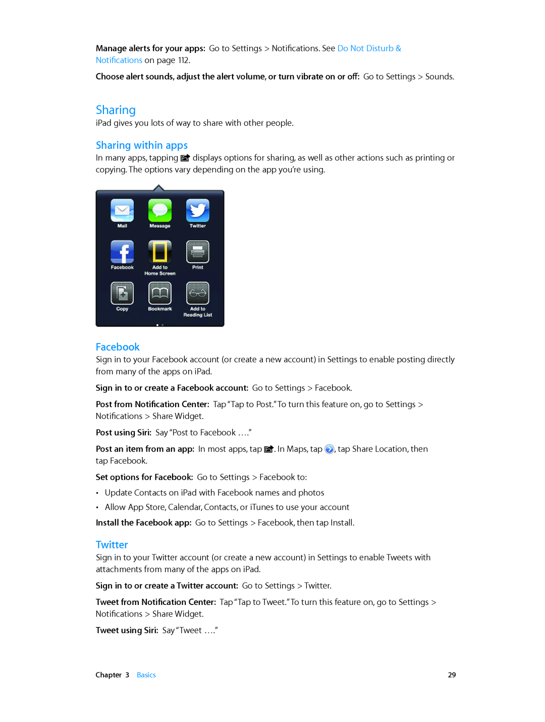 Apple MD531LL/A manual Sharing within apps, Facebook, Sign in to or create a Twitter account Go to Settings Twitter 
