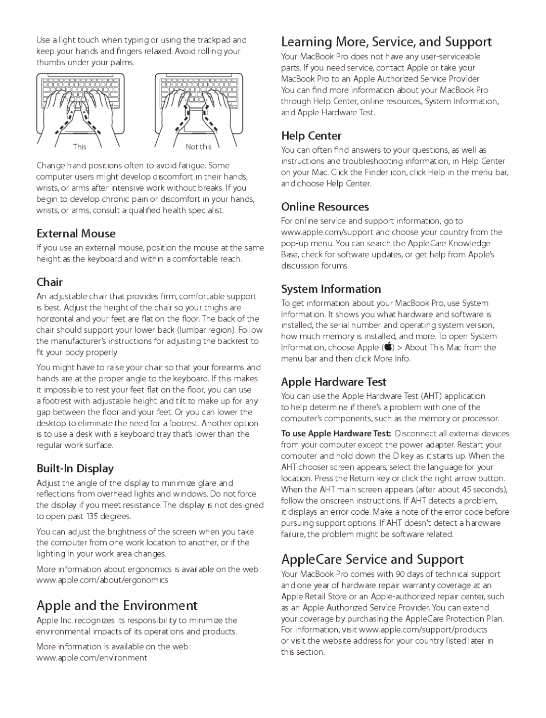 Apple ME662LL/A, ME116LL/A Apple and the Environment, Learning More, Service, and Support, AppleCare Service and Support 