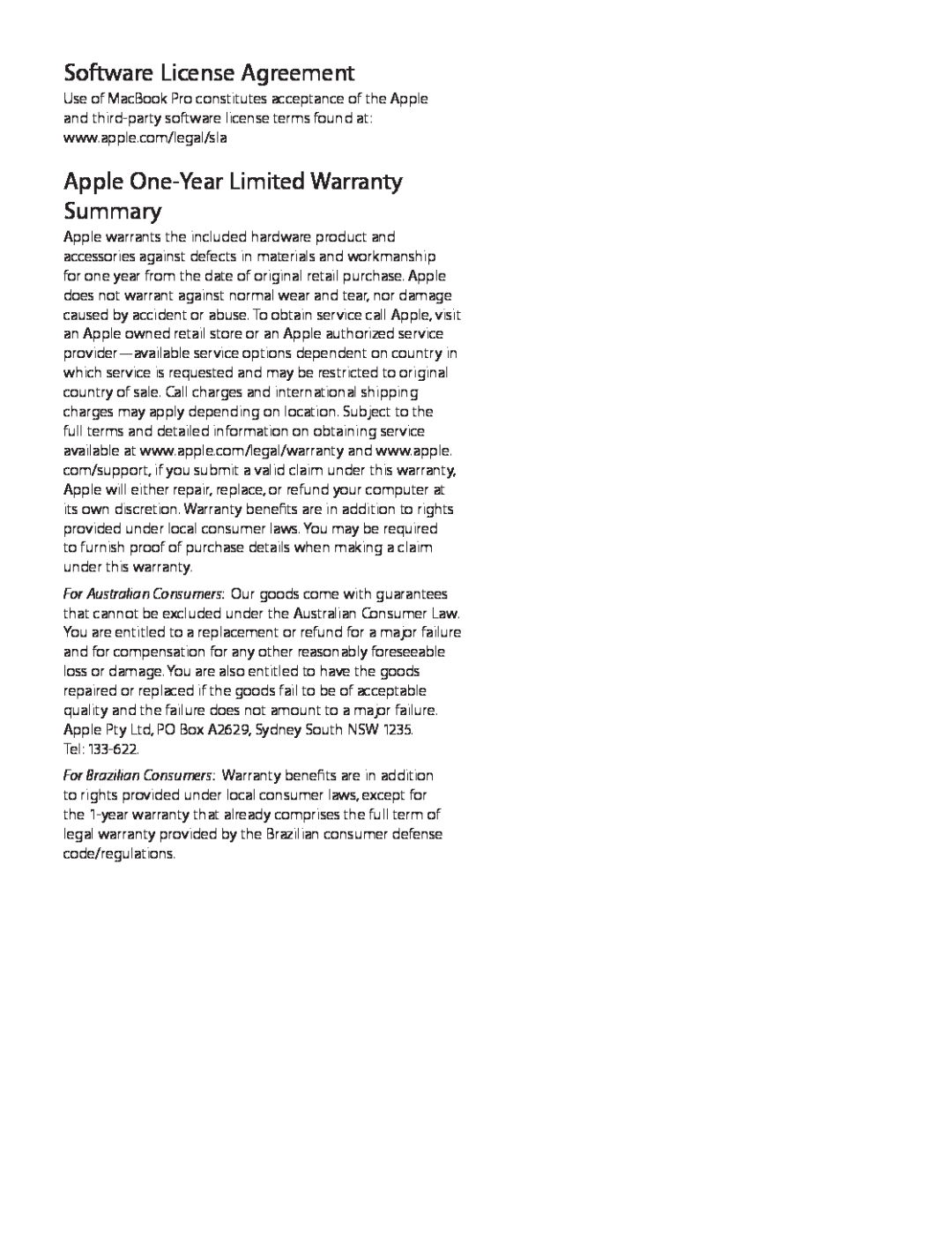 Apple ME116LL/A, ME662LL/A manual Software License Agreement, Apple One-Year Limited Warranty Summary 