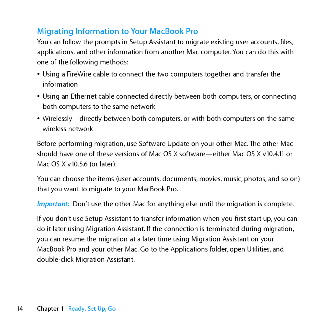 Apple ME662LL/A manual Migrating Information to Your MacBook Pro 