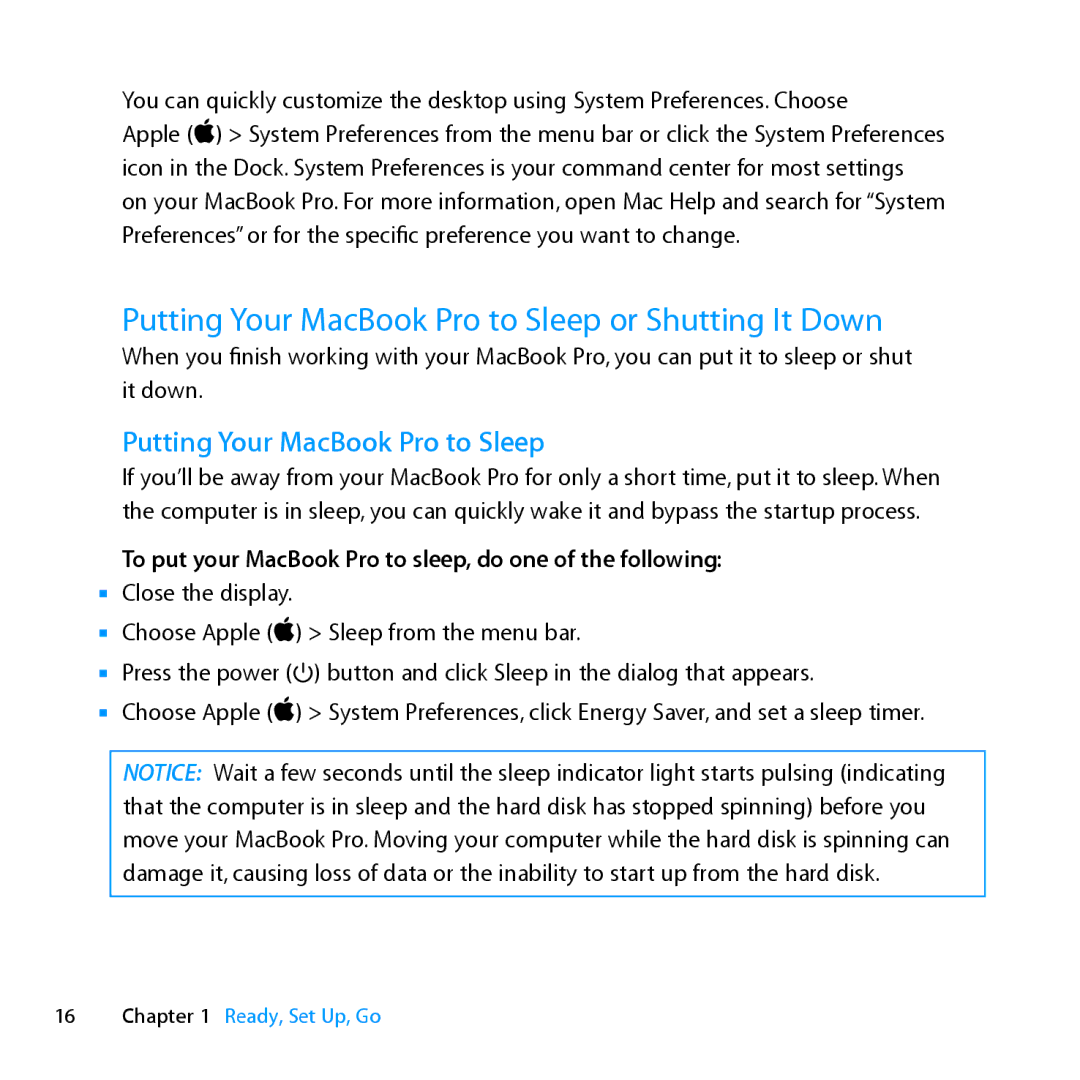Apple ME662LL/A manual Putting Your MacBook Pro to Sleep or Shutting It Down 