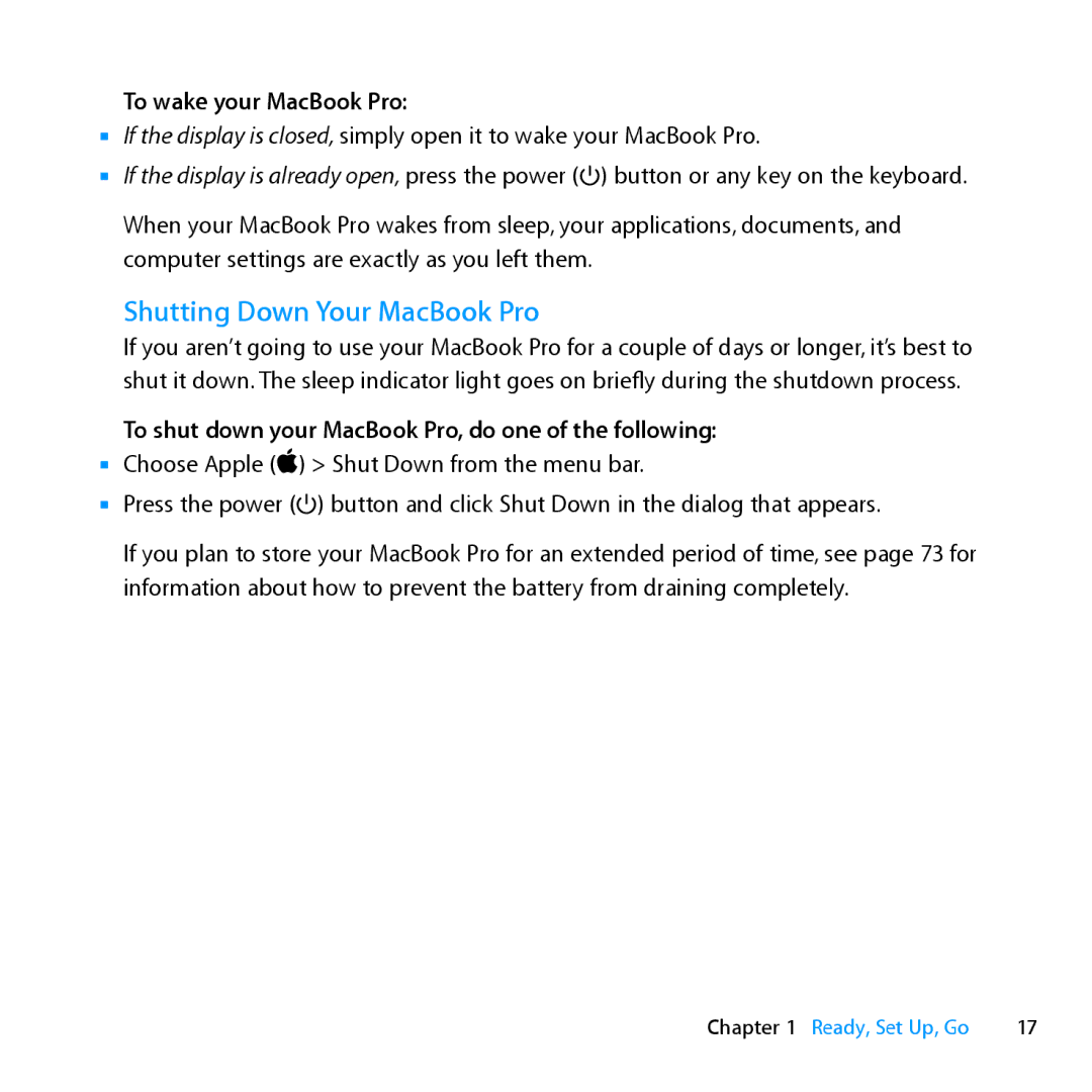 Apple ME662LL/A manual Shutting Down Your MacBook Pro, To wake your MacBook Pro 