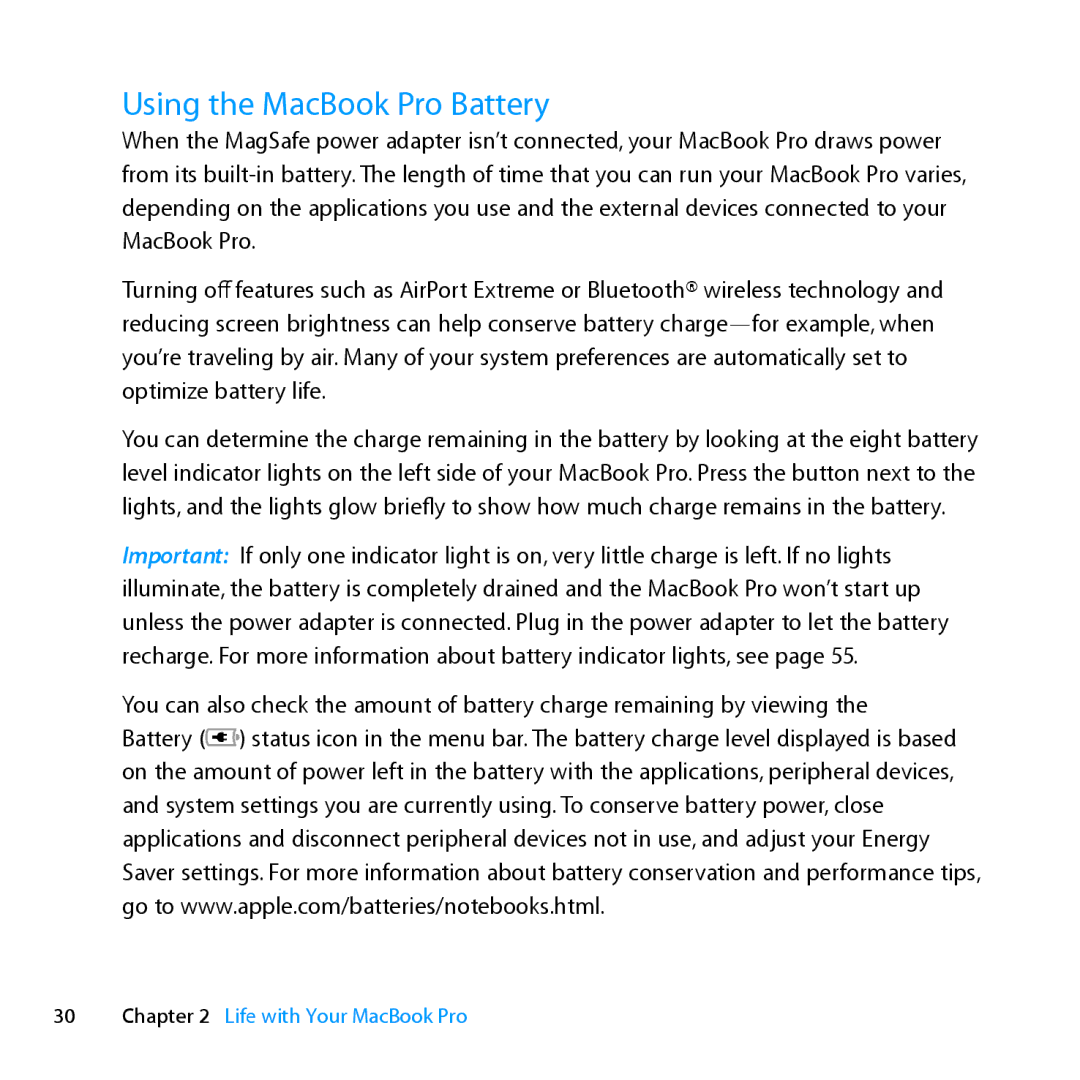 Apple ME662LL/A manual Using the MacBook Pro Battery 