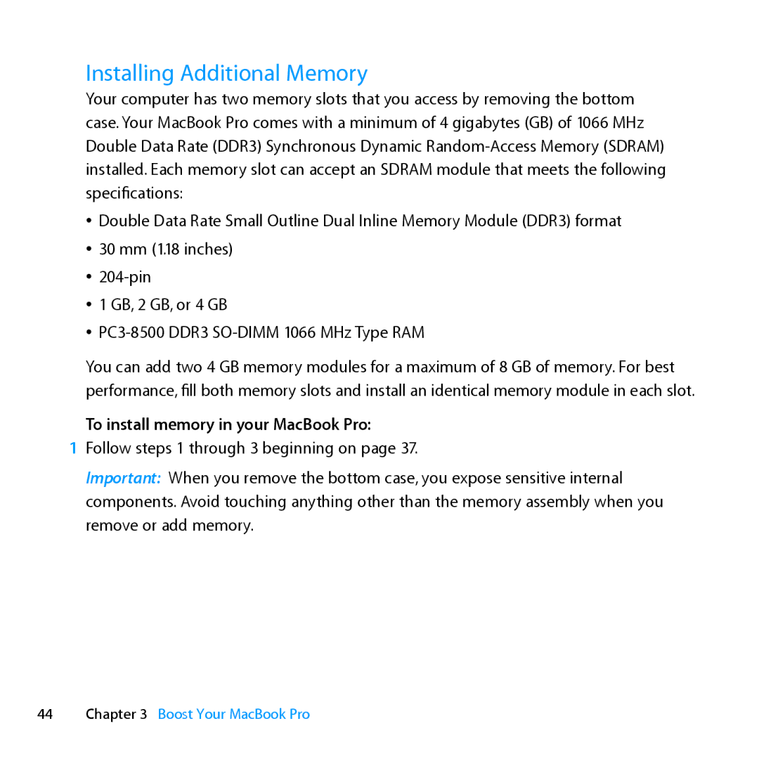 Apple ME662LL/A manual Installing Additional Memory, To install memory in your MacBook Pro 