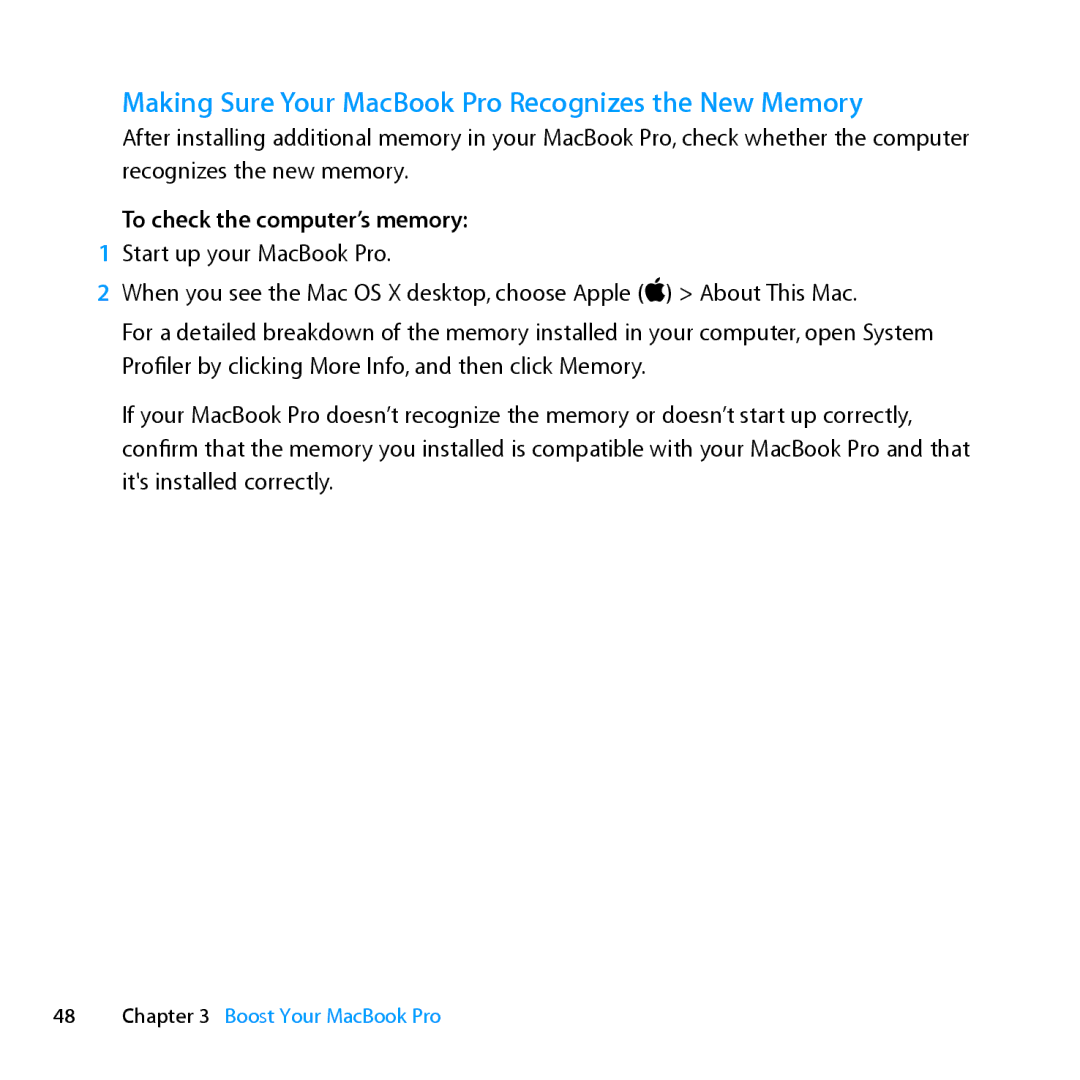 Apple ME662LL/A manual Making Sure Your MacBook Pro Recognizes the New Memory, To check the computer’s memory 