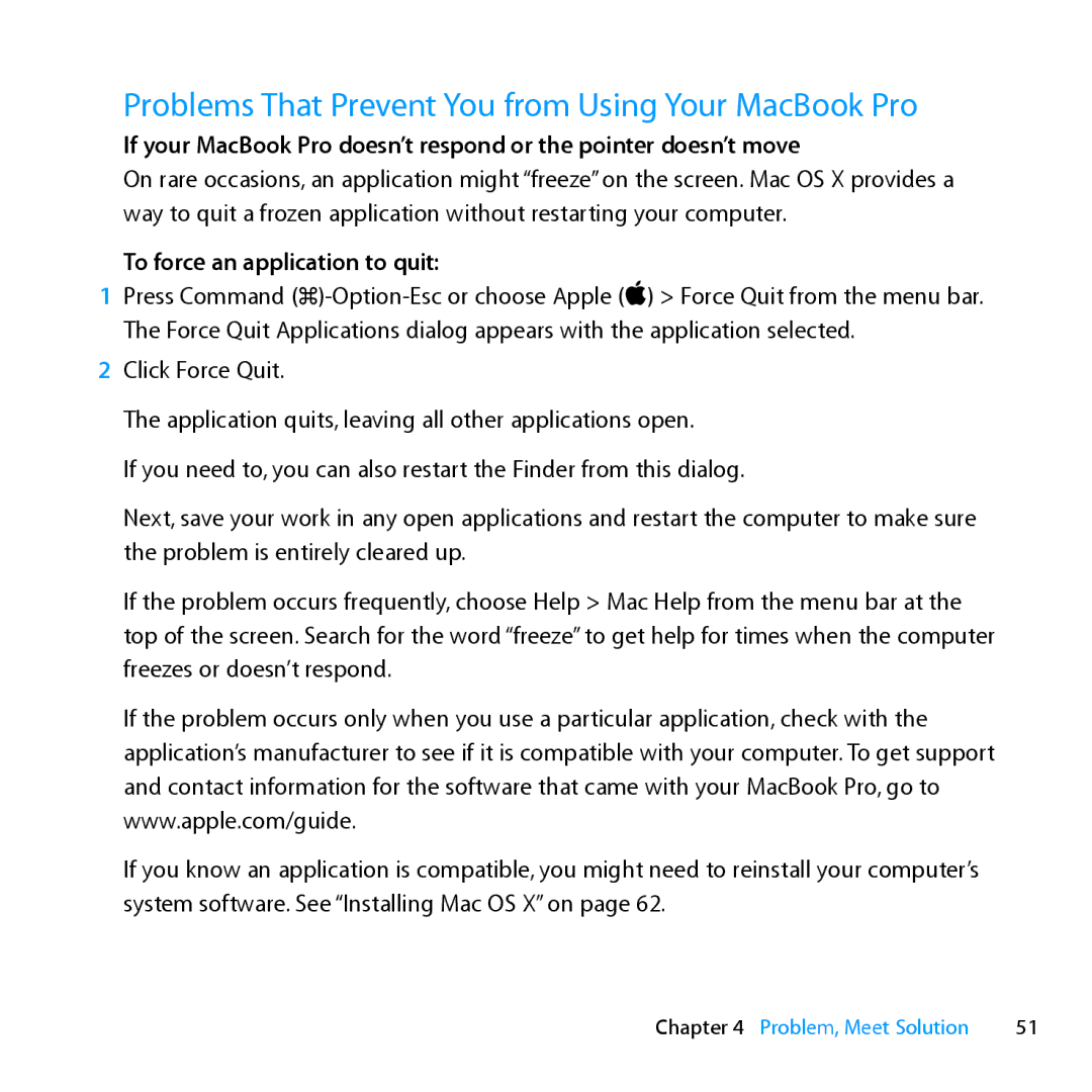 Apple ME662LL/A manual Problems That Prevent You from Using Your MacBook Pro, To force an application to quit 