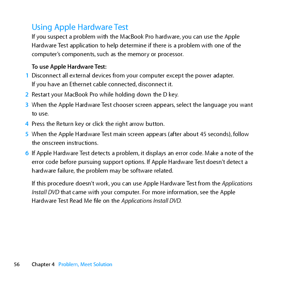 Apple ME662LL/A manual Using Apple Hardware Test, To use Apple Hardware Test 