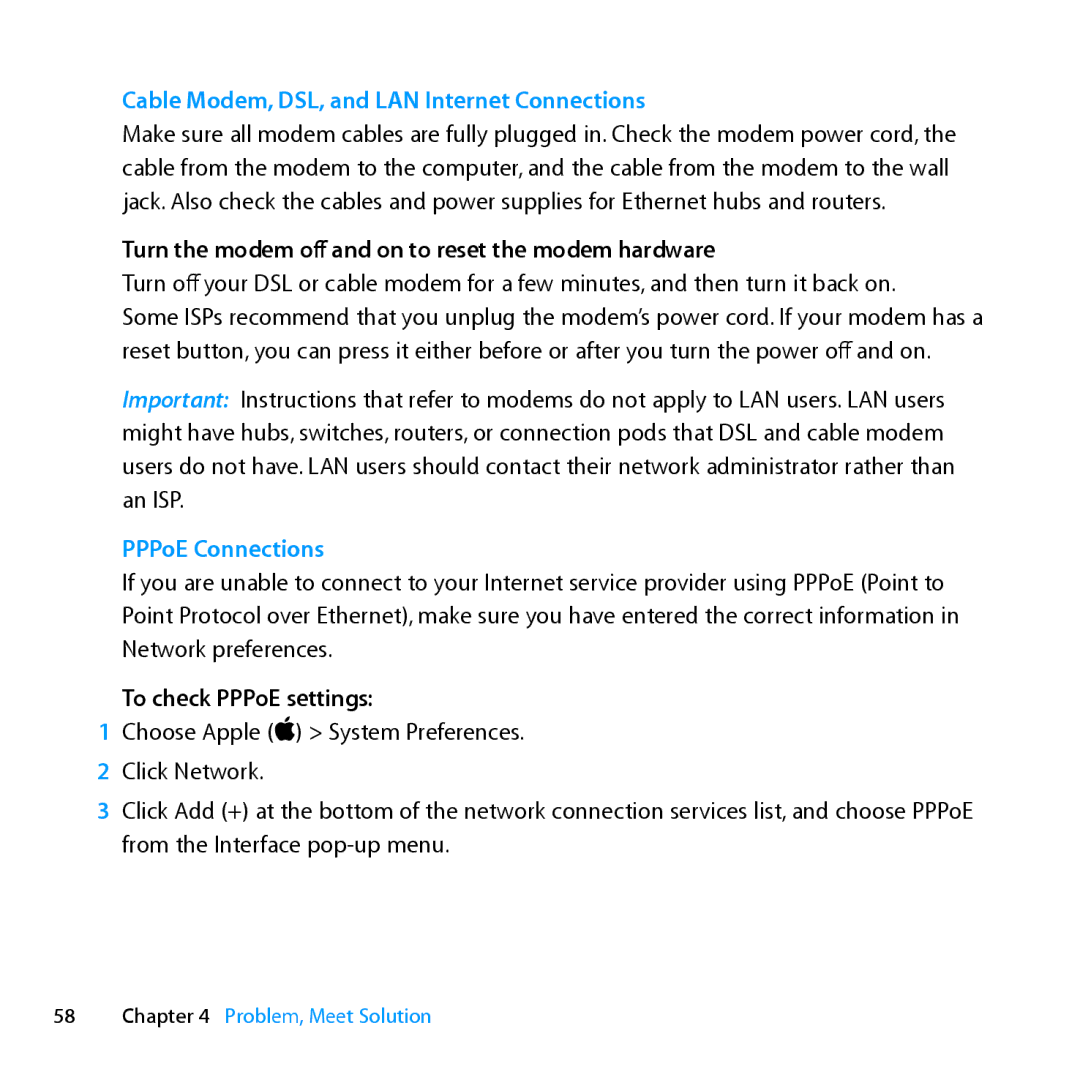 Apple ME662LL/A manual Turn the modem off and on to reset the modem hardware, To check PPPoE settings 