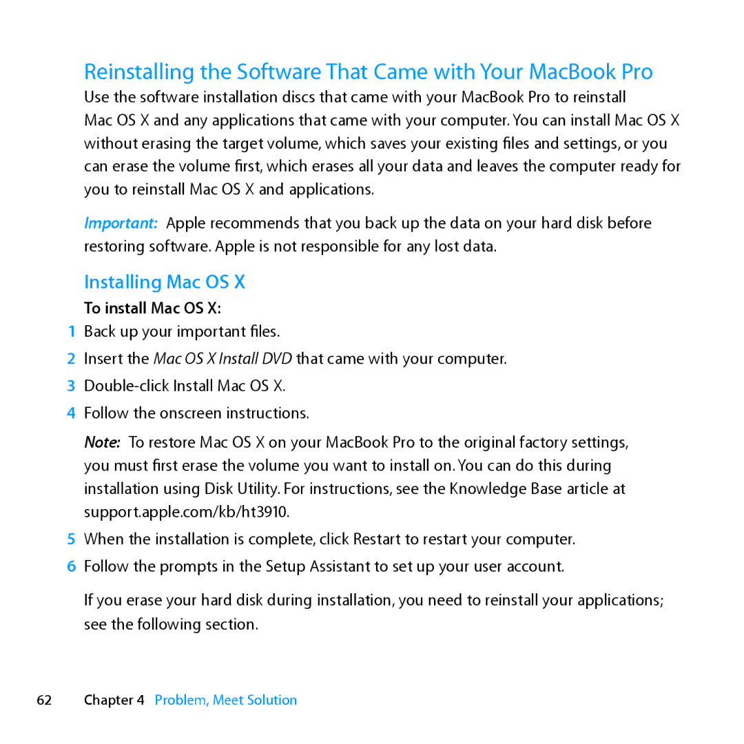 Apple ME662LL/A manual Reinstalling the Software That Came with Your MacBook Pro, Installing Mac OS, To install Mac OS 