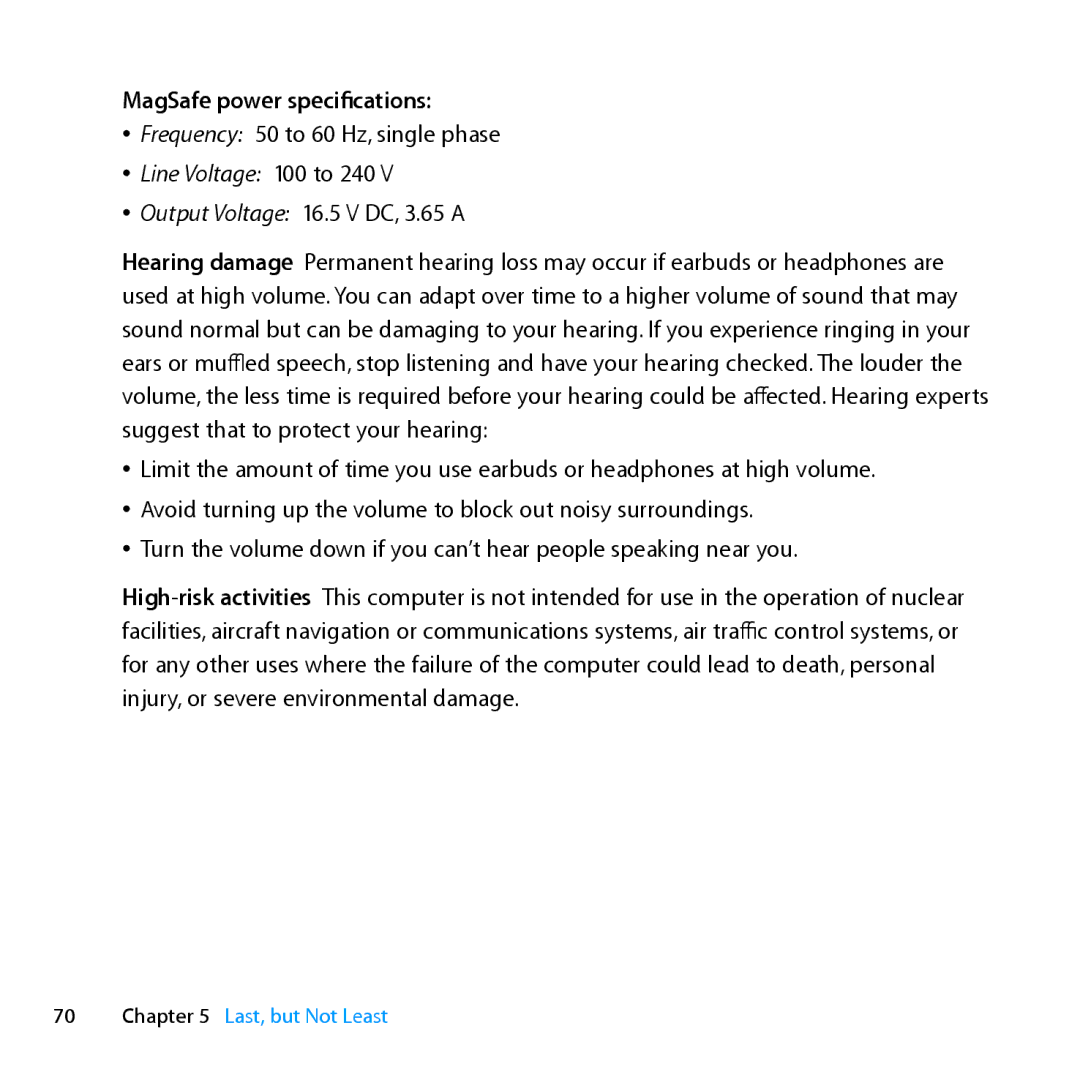 Apple ME662LL/A manual MagSafe power specifications, ÂÂ Line Voltage 100 to 240 