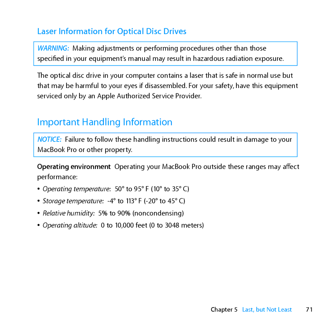 Apple ME662LL/A manual Important Handling Information, Laser Information for Optical Disc Drives 