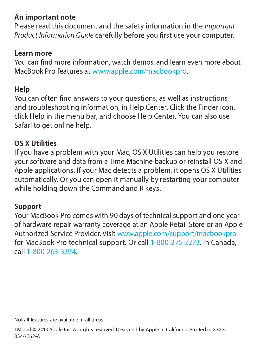 Apple ME665LL/A, ME864LL/A, ME294LL/A, MD102LL/A, MD212LL/A An important note, Learn more Help, OS X Utilities, Support 