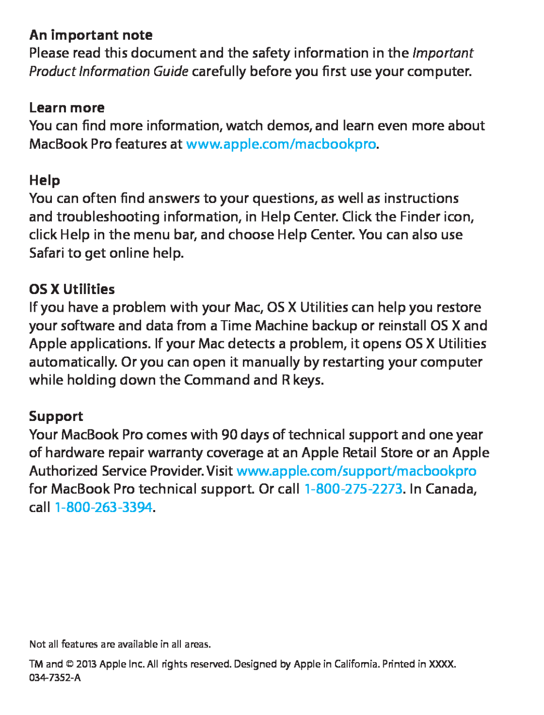 Apple ME665LL/A, ME864LL/A, ME294LL/A, MD102LL/A, MD212LL/A An important note, Learn more, Help, OS X Utilities, Support 
