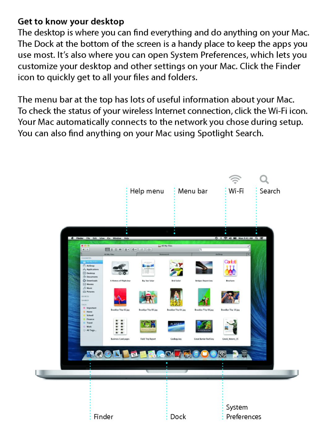 Apple ME294LL/A, ME665LL/A, ME864LL/A, MD102LL/A Get to know your desktop, Help menu, Menu bar, Wi-Fi, System, Finder, Dock 