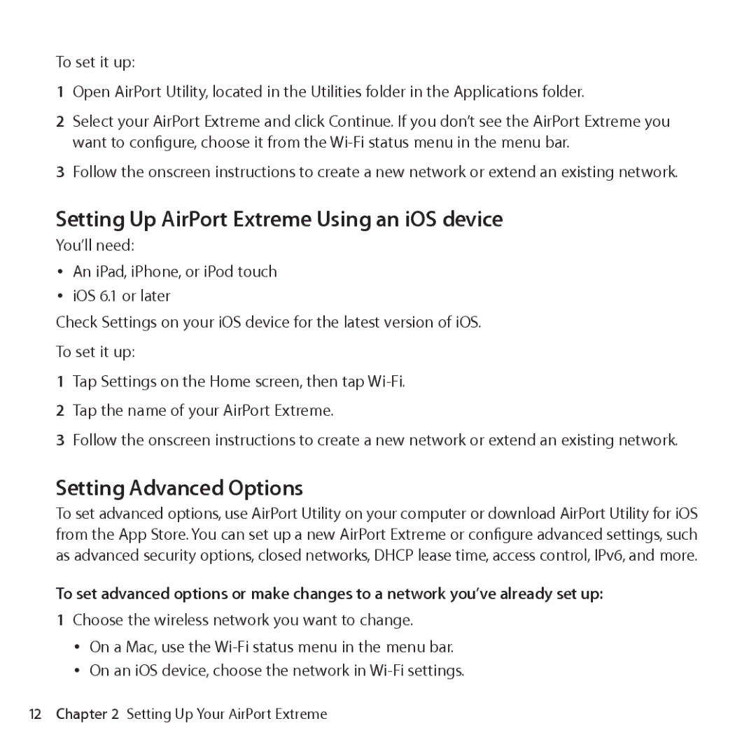 Apple ME918LL/A setup guide Setting Up AirPort Extreme Using an iOS device, Setting Advanced Options 