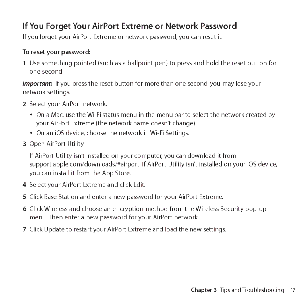 Apple ME918LL/A setup guide If You Forget Your AirPort Extreme or Network Password, To reset your password 